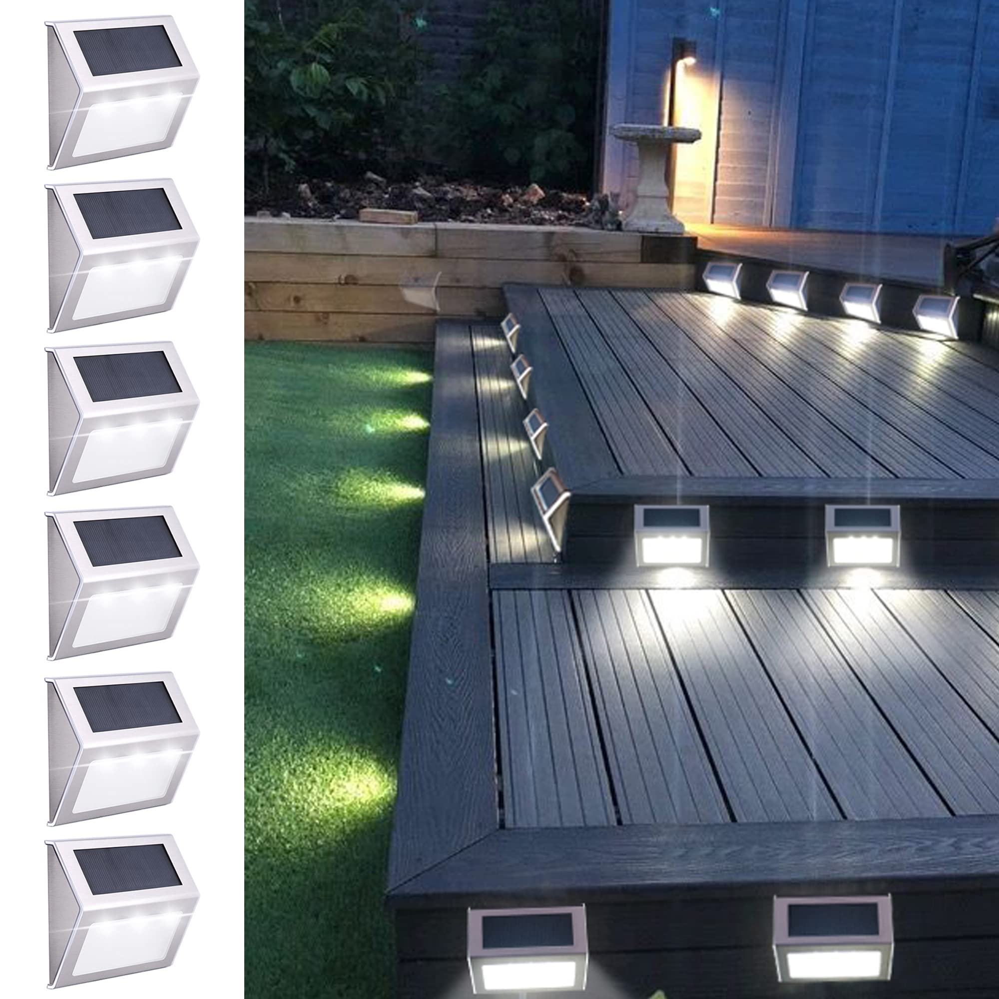 YOELVNSolar Stair Lights Outdoor Weatherproof Solar 3 LEDs Steps Lights 6 Pack Auto On/Off Deck Stair Lights Solar Powered for Outside Use(Cold White)