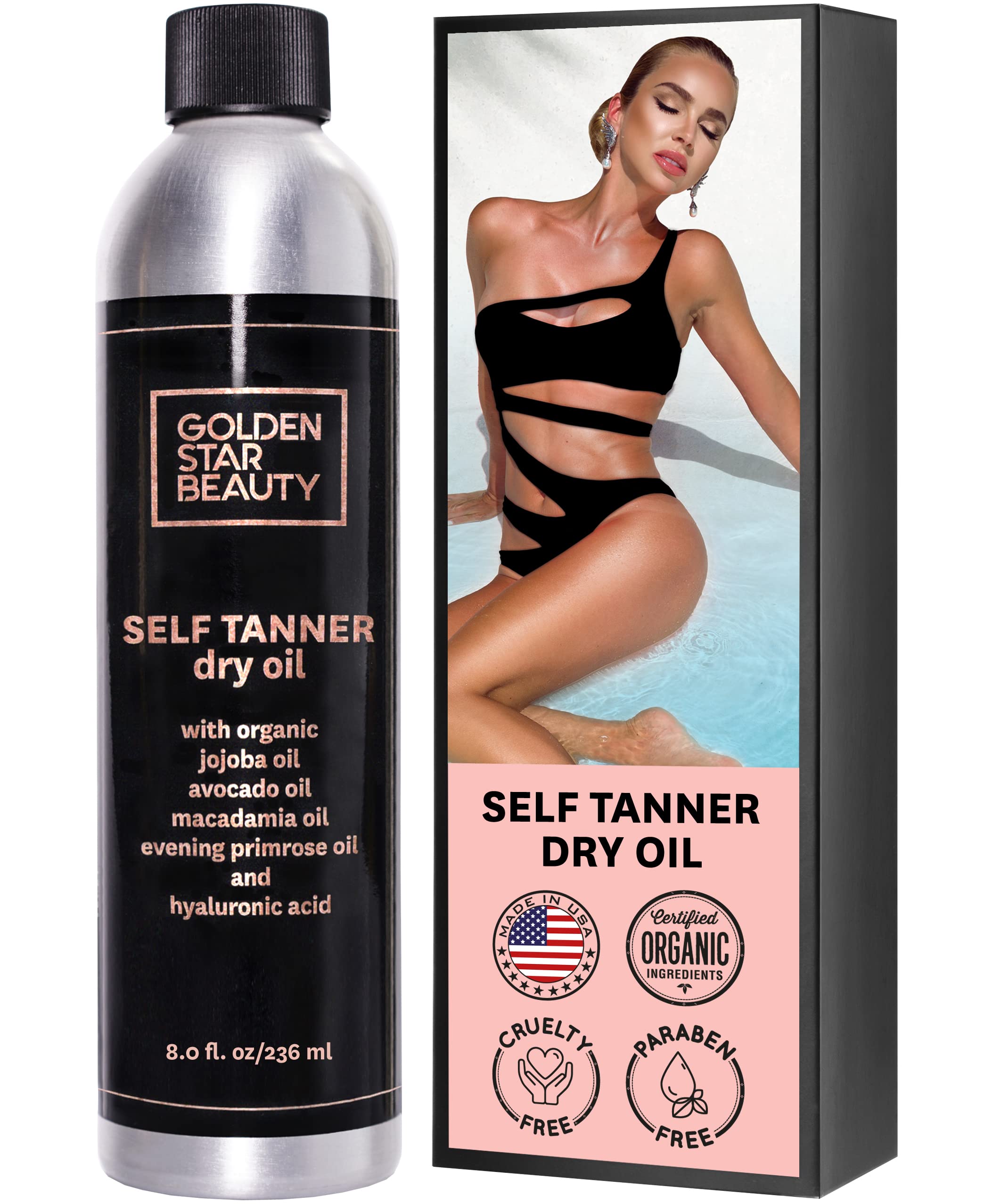 Self Tanner Oil - Natural Sunless Tanning Spray w/Hyaluronic Acid and Organic Oils, Clear Gradual Fake Tan Sprayer for Perfect Golden Glow 8.0 fl.oz