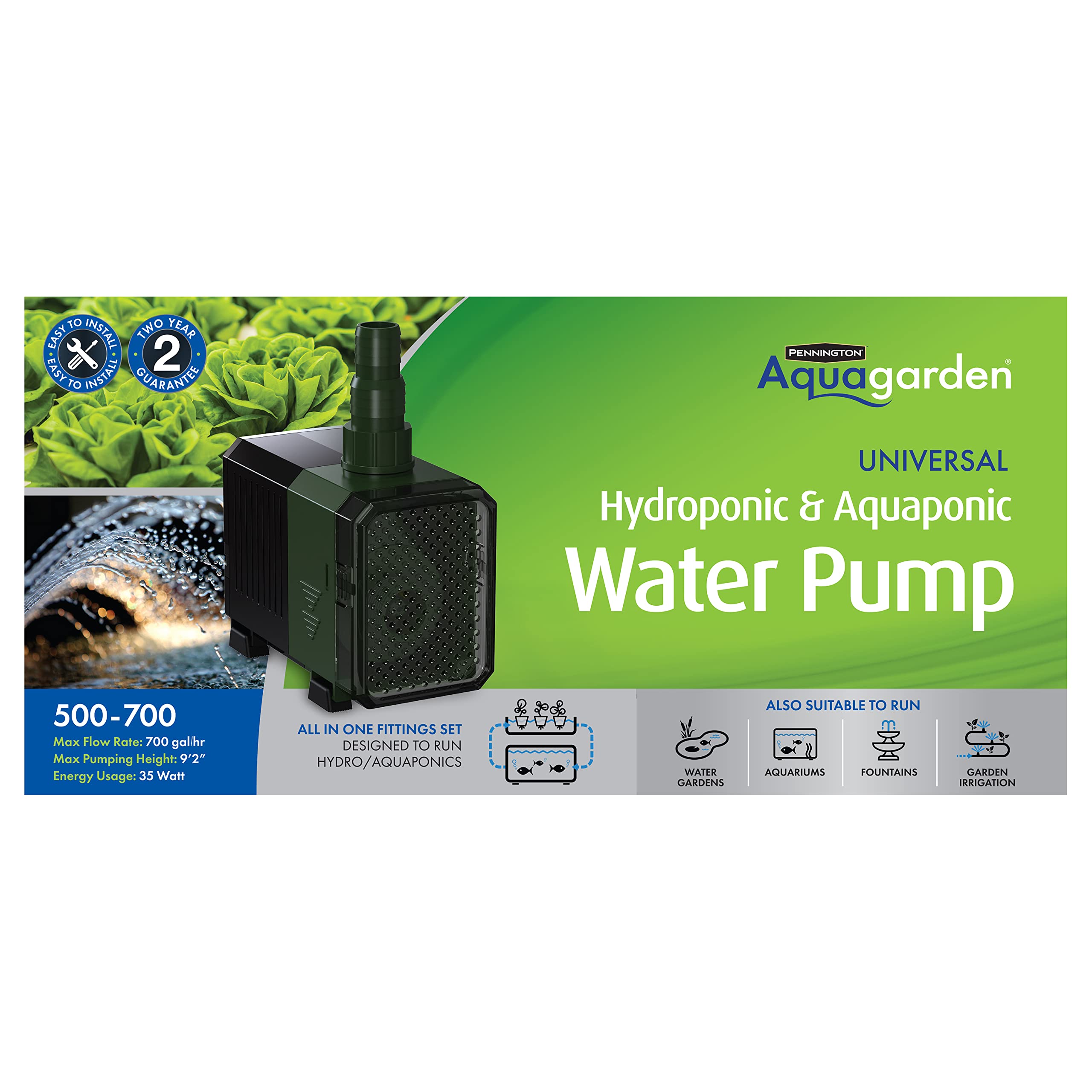 Aquagarden, Universal Hydroponic & Aquaponic Water Pump, Designed to Run Hydro/Aquaponic Systems, Ponds, Aquariums, Water Features, Garden Irrigation, Max Flow 700 gal/hr, Max Pump Height 9’2”