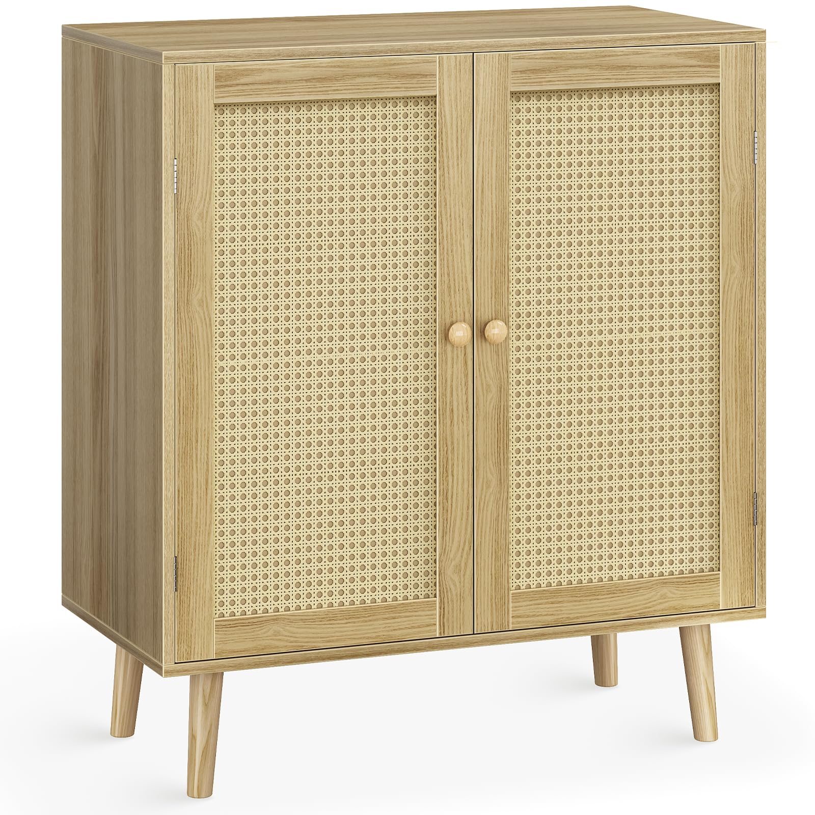 Huuger Buffet Cabinet with Storage, Storage Cabinet with PE Rattan Decor Doors, Accent Cabinet with Solid Wood Feet, Sideboard Cabinet for Hallway, Entry, Living Room, Natural