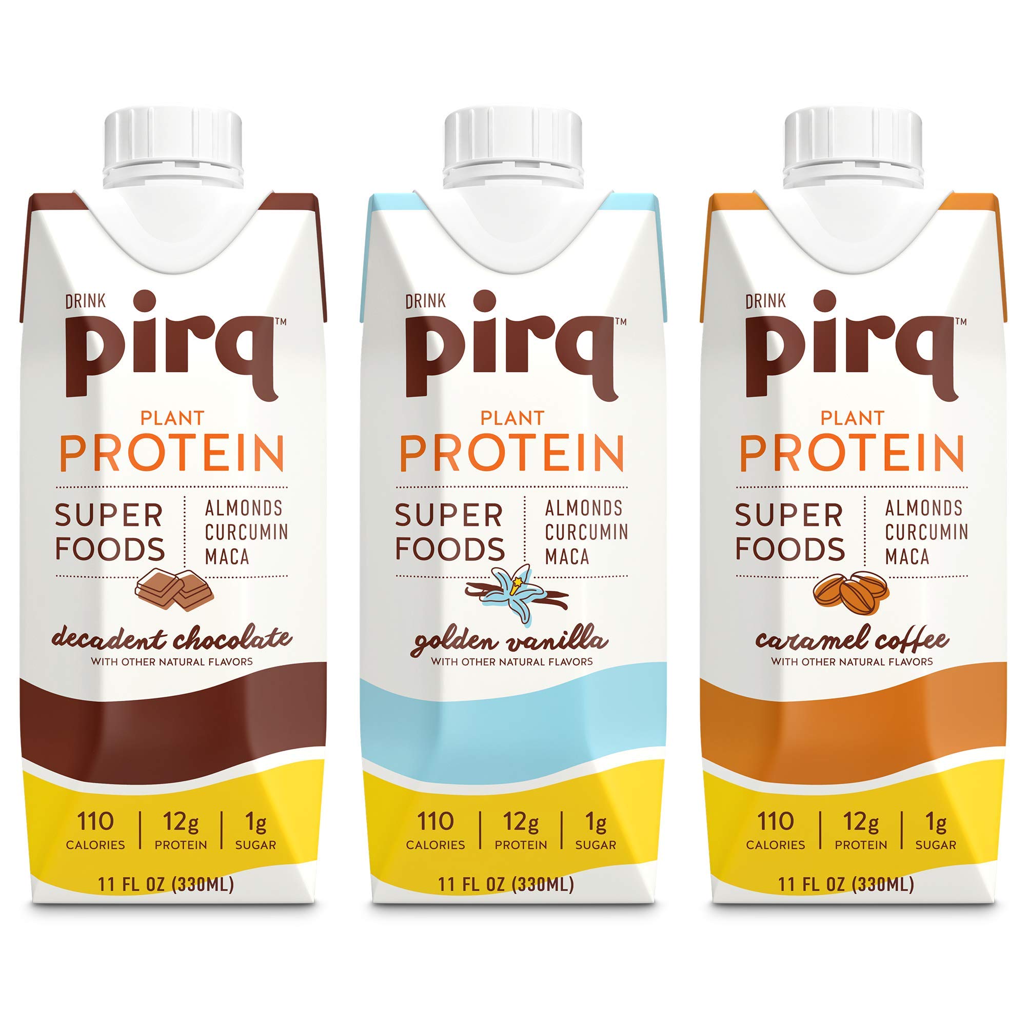 Pirq, Vegan Protein Shake, Turmeric Curcumin, Maca, Plant-Based Protein Drink, Gluten-Free, Dairy-Free, Soy-Free, Non-GMO, Vegetarian, Kosher, Keto, Low Calorie (Indulgent Variety Pack, 12 Pack)