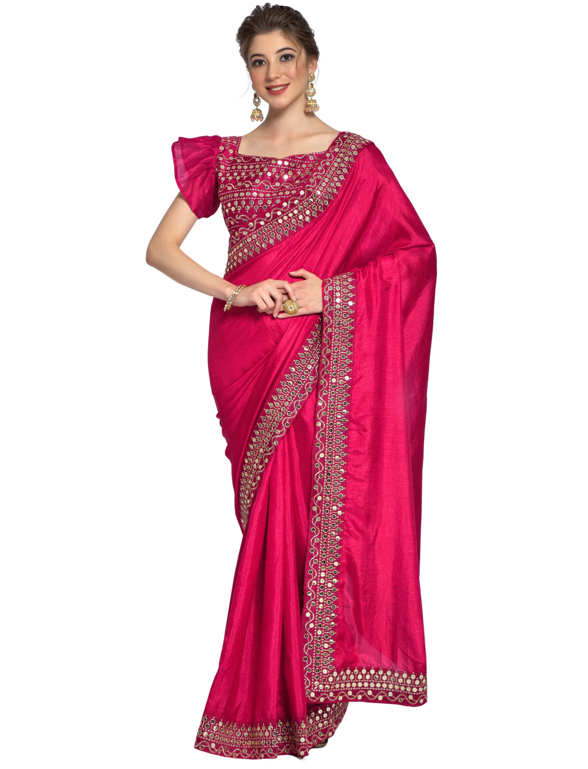 Navlik Women's Vichitra Silk Embroidered Sequin Work Saree With Blouse Piece