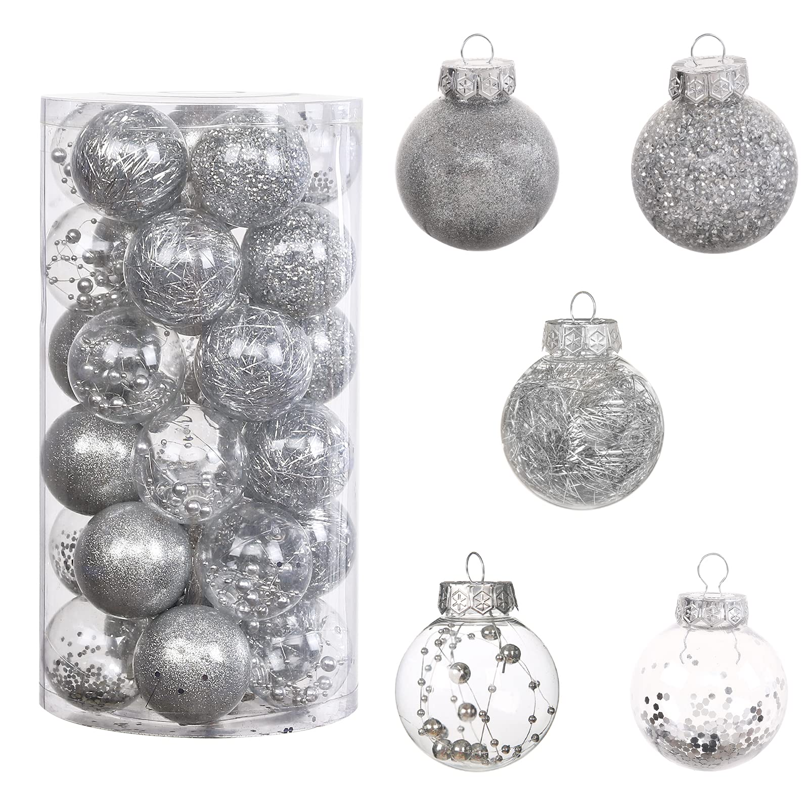 Christmas Tree Ornaments, ROSELEAF Shatterproof Clear Silver Christmas Baubles 30pcs 2.36inch 6cm Pet Christmas Ball Decorations for Party Wedding Christmas