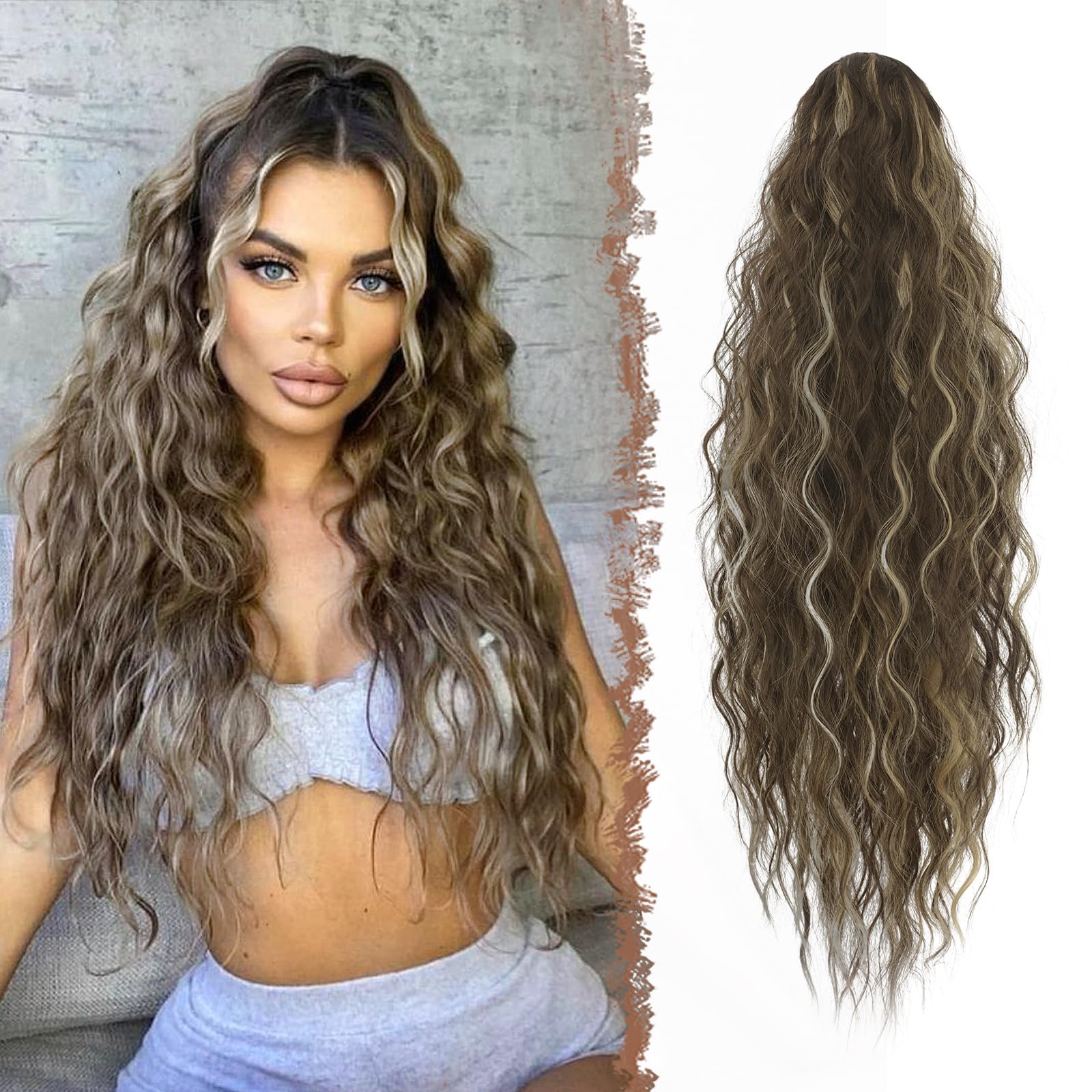 FESHFEN Long Curly Wavy Drawstring Ponytail Extensions Clip in Wavy Synthetic Hairpieces Drawstring Ponytail Curly Hair Piece Pony Tail Extension for Women, 26 inch Chestnut Brown Mixed Ash Blonde