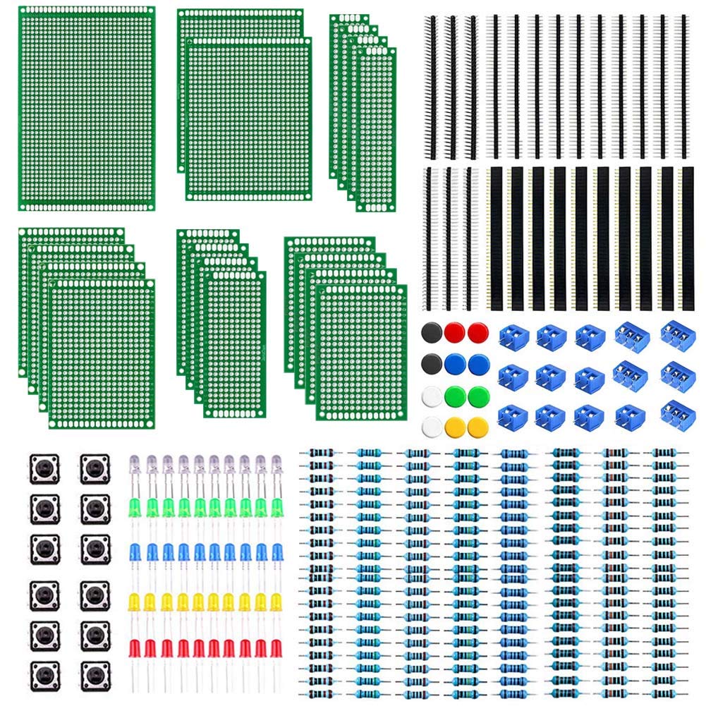 PCB Board Kit, Double Sided Prototype Boards 6 Sizes 40 Pin 2.54mm Male/Female Header Connector 2/3Pin Screw Terminal Blocks and Resistor 10-1M Ohm 5mm Led Diodes Tactile Cap Switch