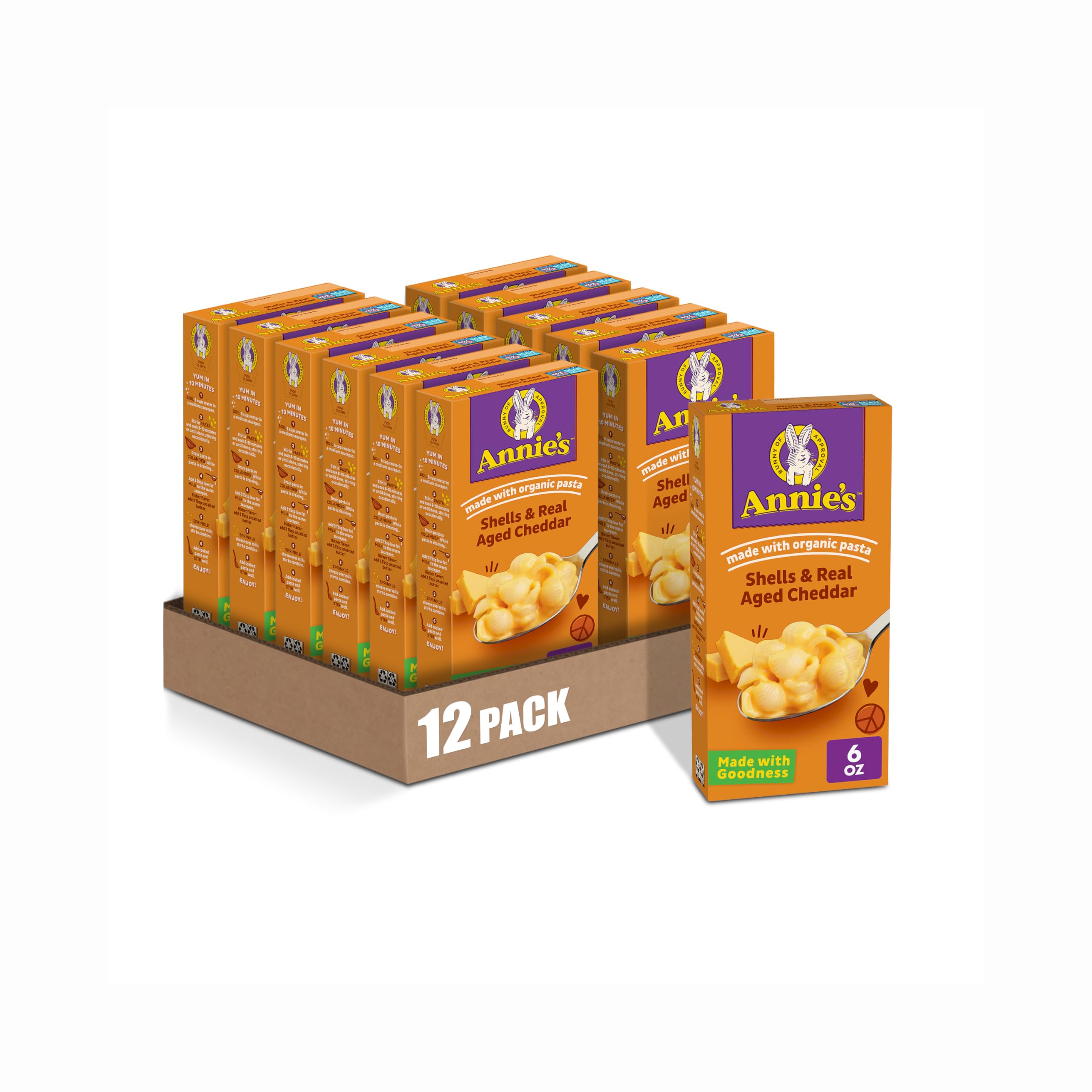 Annie’s Real Aged Cheddar Shells Macaroni & Cheese Dinner with Organic Pasta, 6 OZ (Pack of 12)