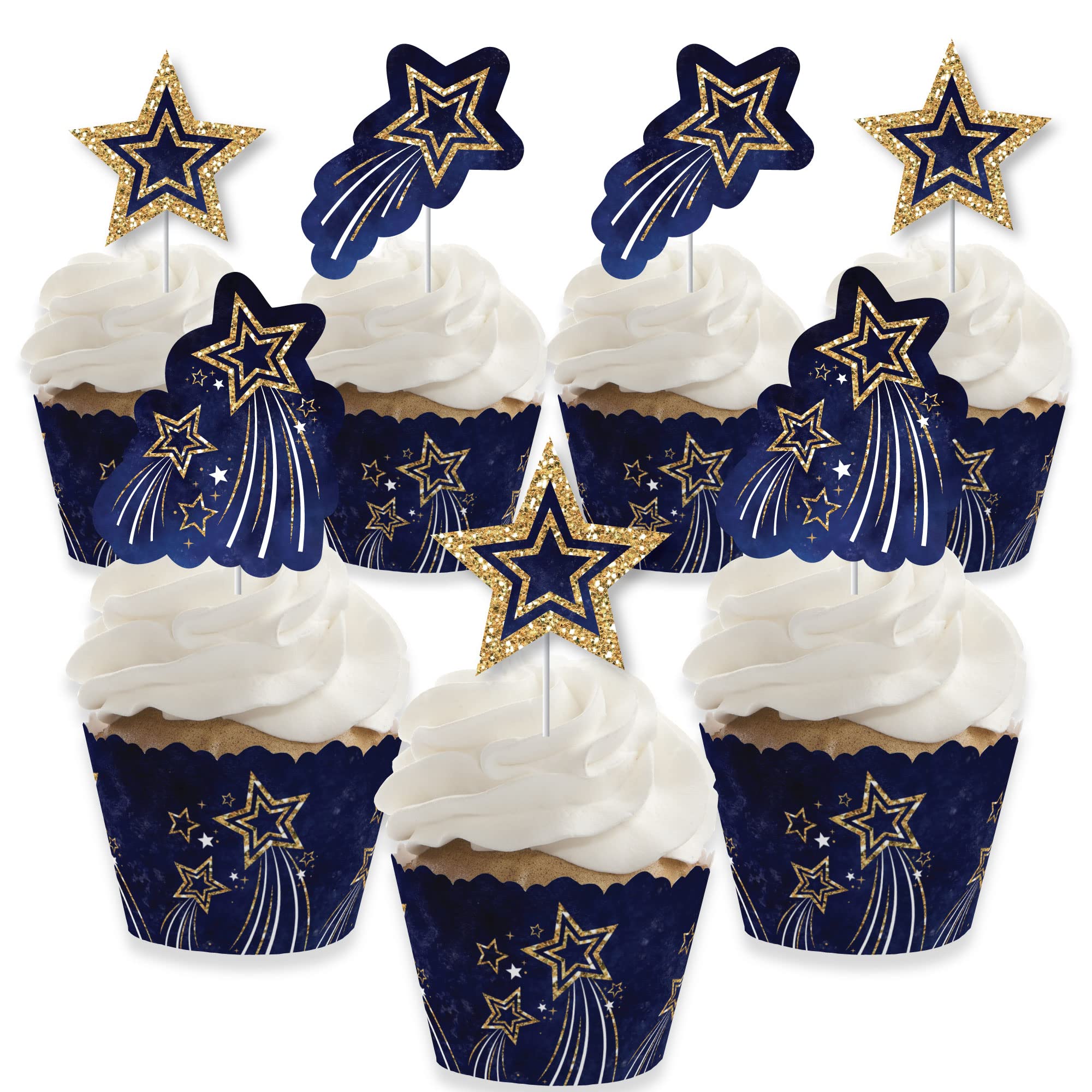 Big Dot of Happiness Starry Skies - Cupcake Decoration - Gold Celestial Party Cupcake Wrappers and Treat Picks Kit - Set of 24