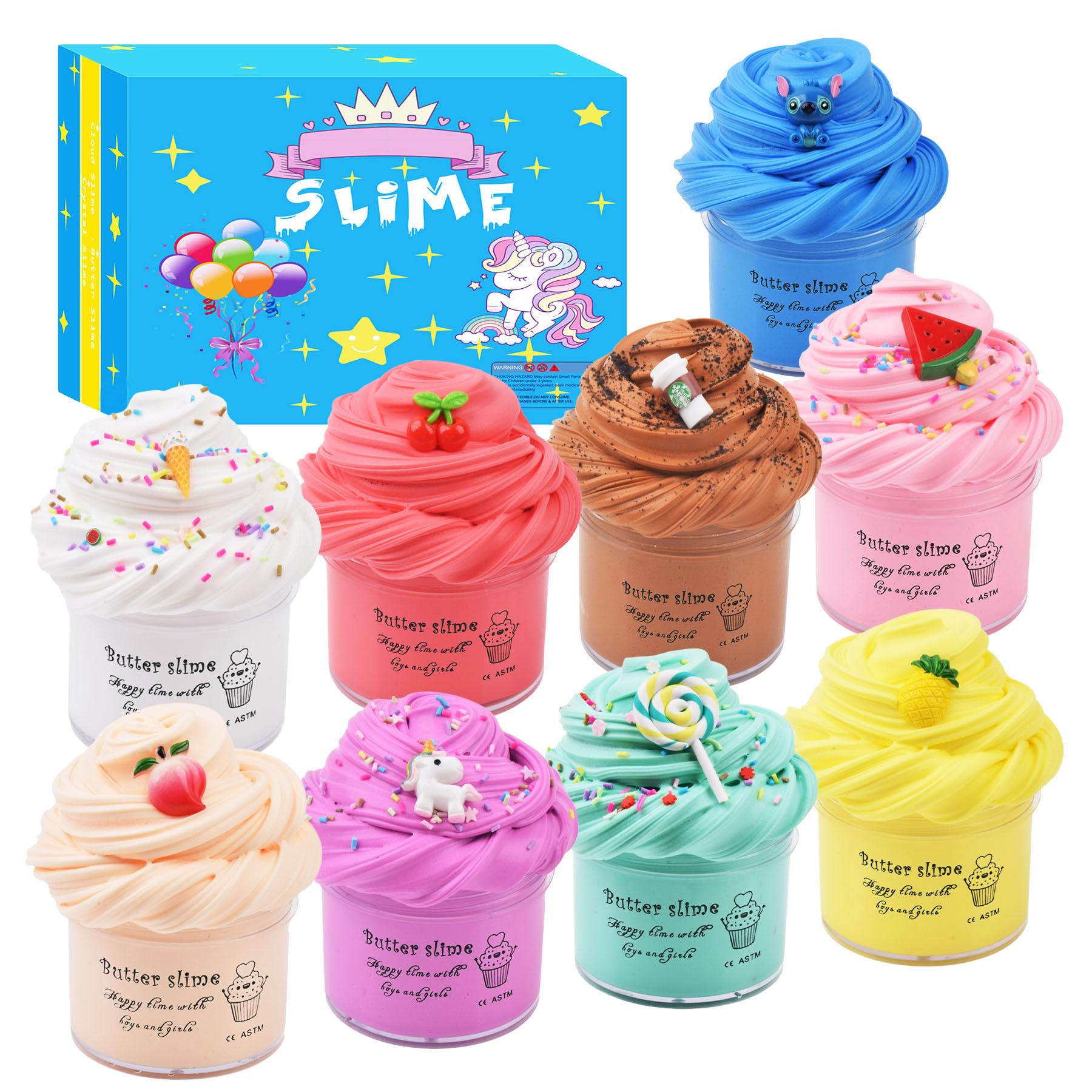 WUHUANIU 9 Pack Scented Butter Slime Kit,Ideal Slimes Bulk for Kids,Super Soft and Non Sticky DIY Slime Surprise Toy,with Charm Unicorn,Cherry,Ice Cream,Cake,Watermelon,Latte and More