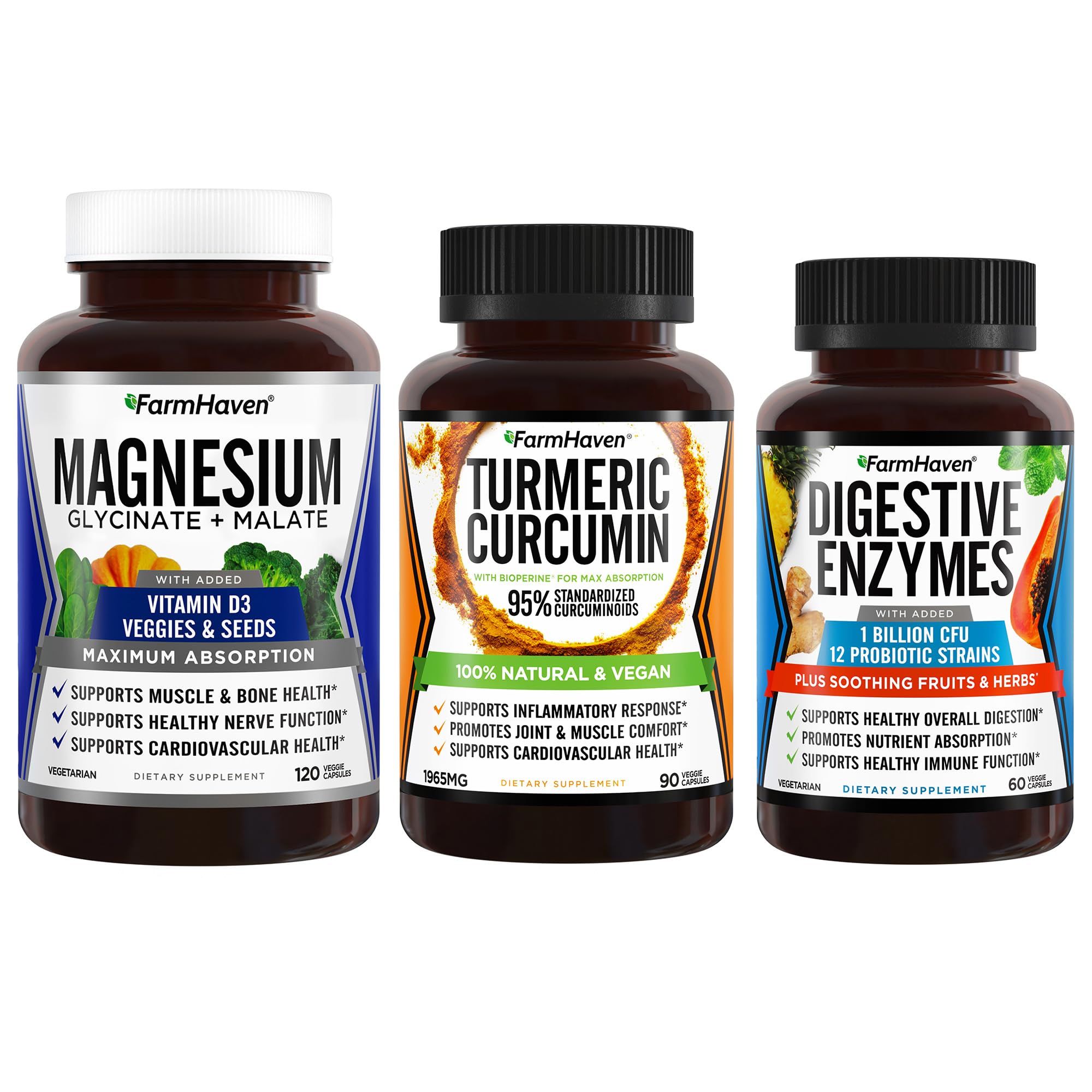 FarmHavenMagnesium Glycinate & Malate Complex w/Vitamin D3 & Turmeric Curcumin with BioPerine Black Pepper & Digestive Enzymes with 18 Probiotics & Herbs