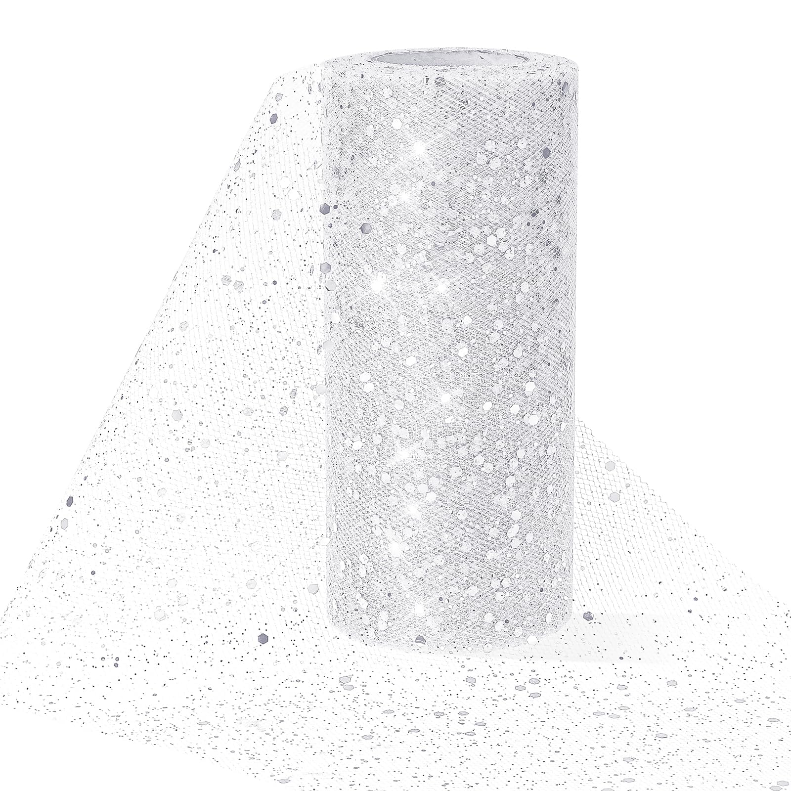 GraGra Glitter Tulle Fabric Roll, 6 Inch x 25 Yards Glitter Netting Fabric, Soft Glitter Mesh Ribbon Spool with Shiny Sequins for DIY Tutu Skirt Bow Wedding Decoration Table Runner Party (White)