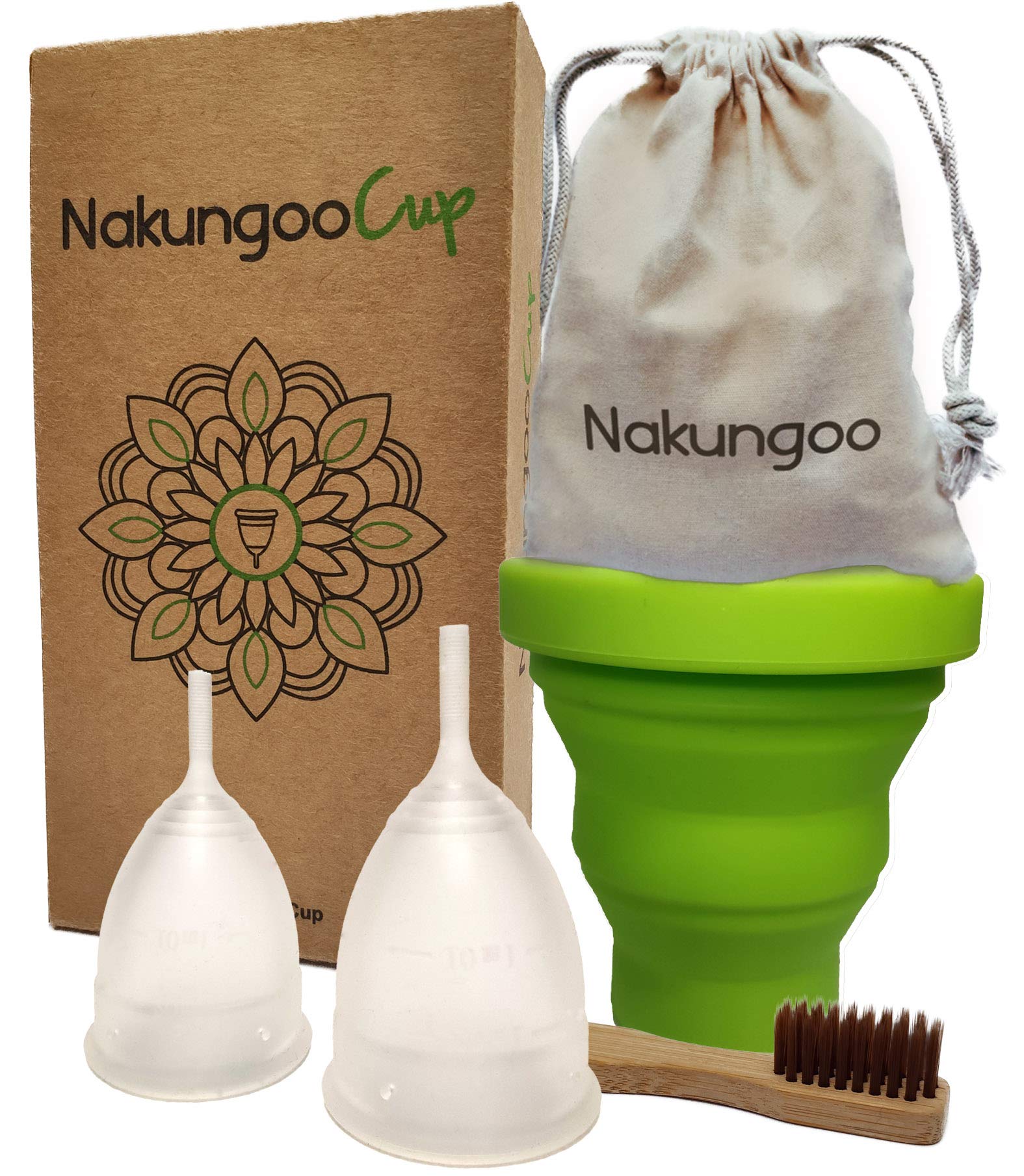 NakungooCup Soft Menstrual Cup 100% Medical Grade Silicone, Certified, Hypoallergenic, Reusable for Heavy Flow | Starter Kit for Beginners with 2 Sizes (Small and Large) Steriliser, Bag and Brush