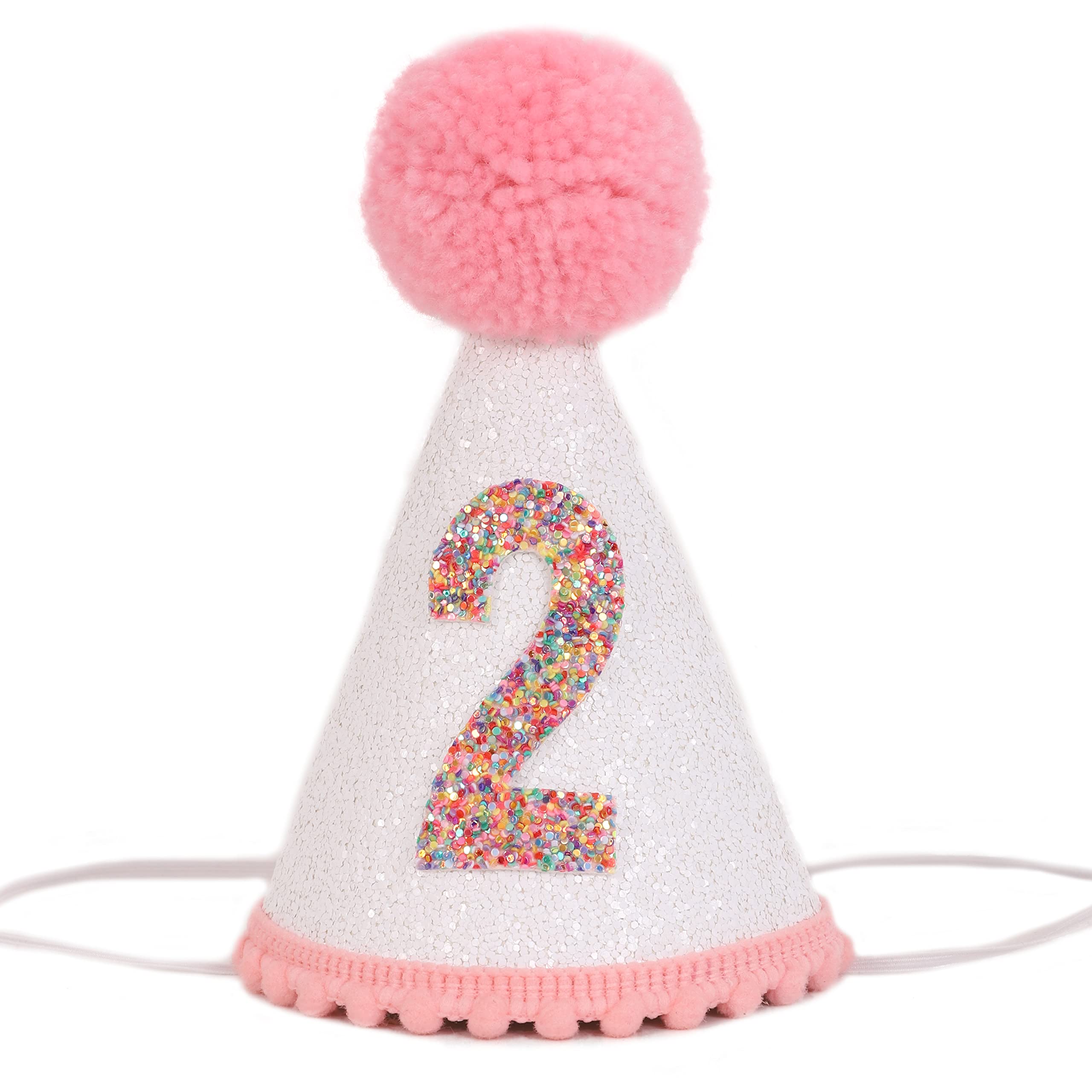 Birthday Hat for Girls - Glitter Birthday Hat with Pink Pom Topper, Birthday Decoration for Girls