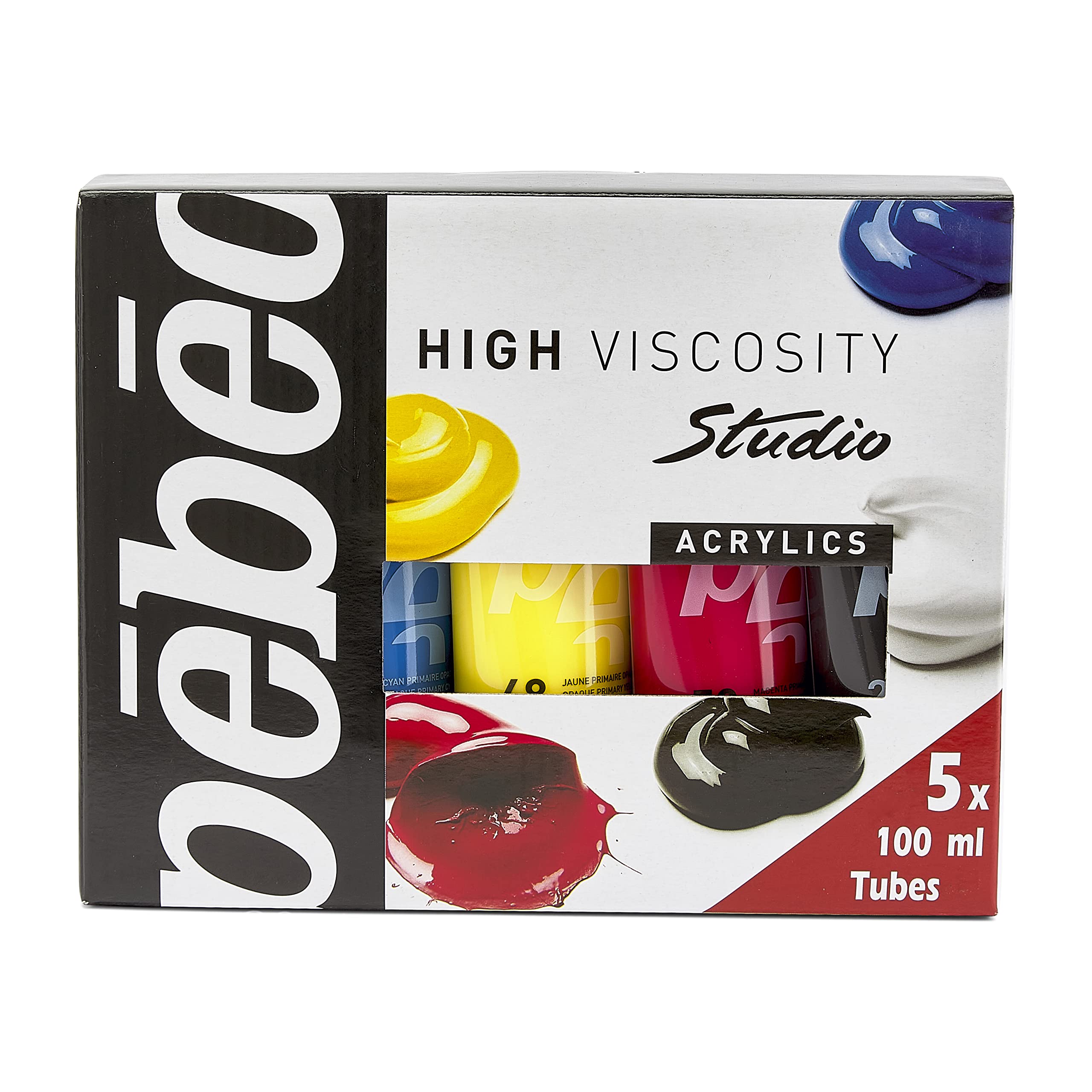 Pebeo Studio Acrylics High Viscosity, Sets, Set Of 5 X 100 ml-Primary Colors, 17 Fl Oz