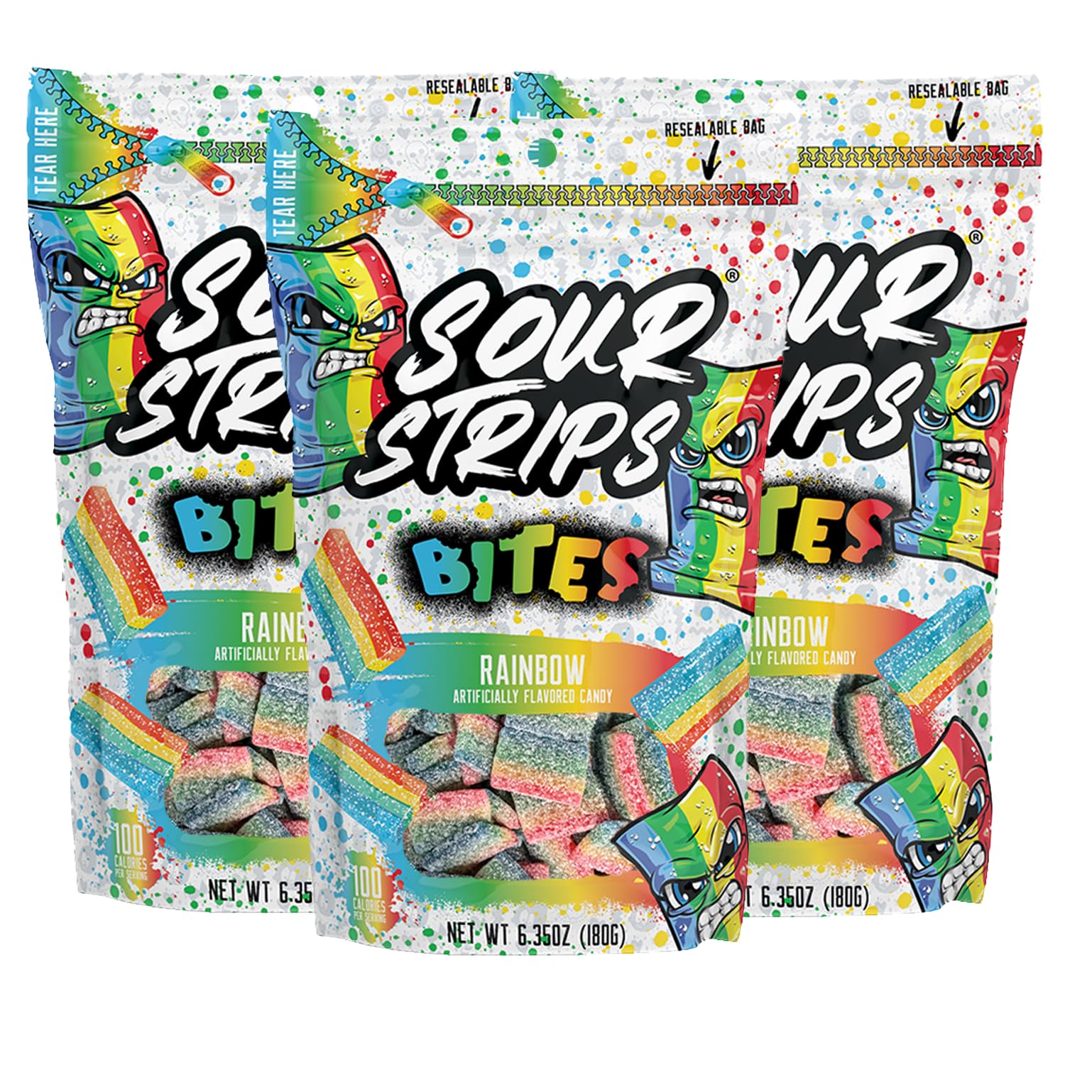 SOUR STRIPSBites Flavored Sour Candy Strips, Deliciously Sour Chewy Candy Belts, Vegetarian Candies, Bites 3-Pack