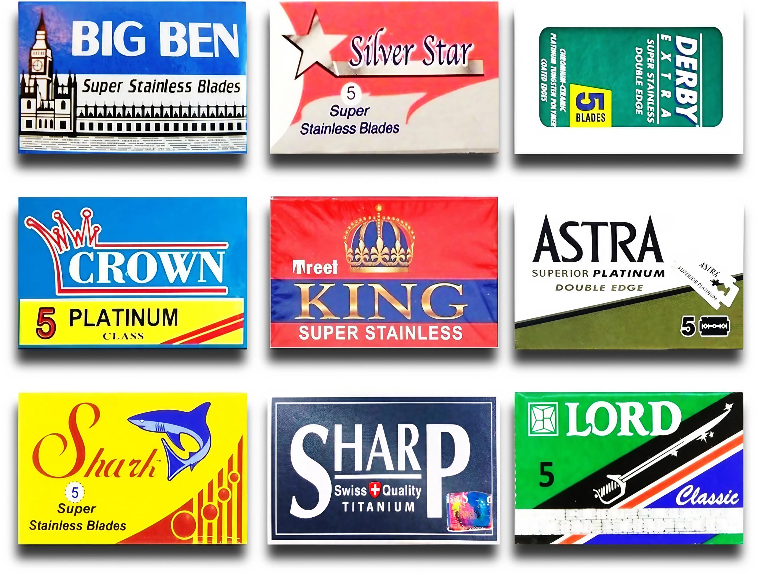 Astra-Derby-Shark-Lord-Treet-Sharp-Big Ben 50 Quality Double Edge Razor Blades Sampler (9 different brands)