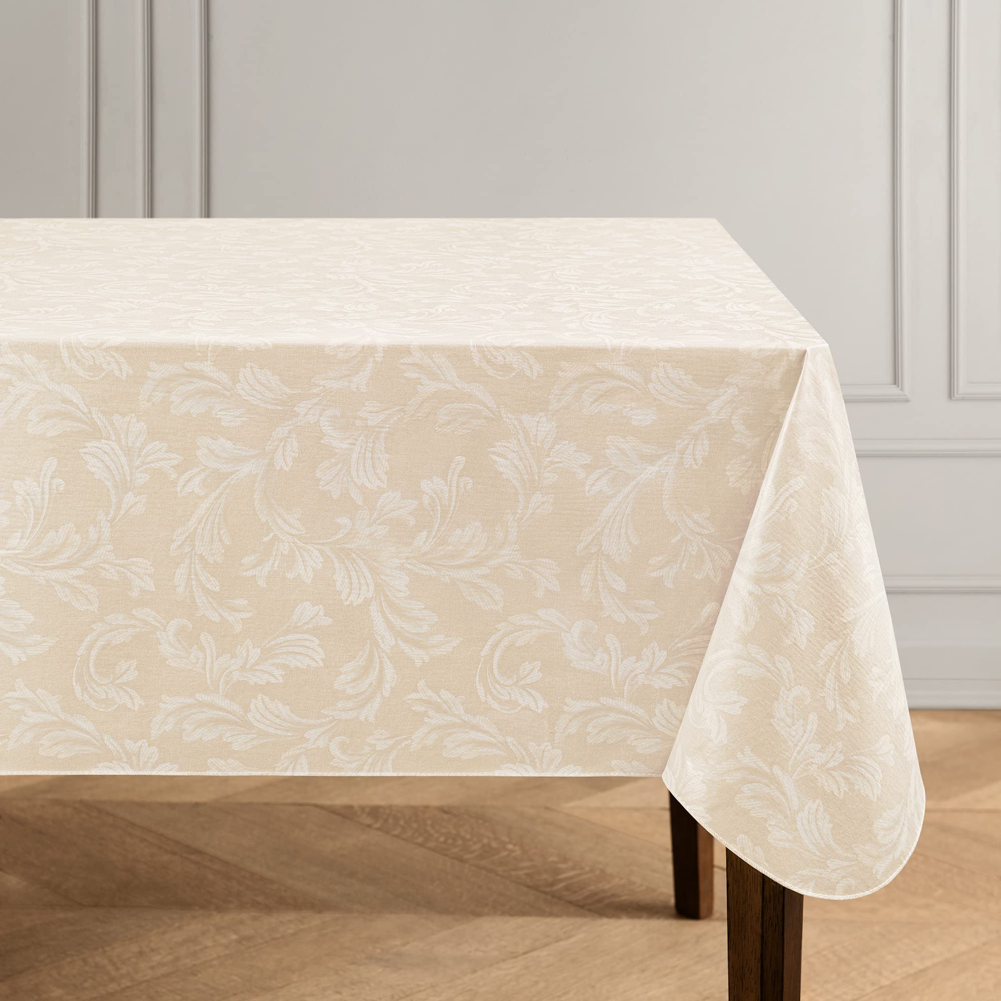 Elrene Home Fashions Camile Floral Scroll Damask Water and Stain Resistant Vinyl Indoor/Outdoor Tablecloth with Flannel Backing, 52"x70" Rectangle Ivory