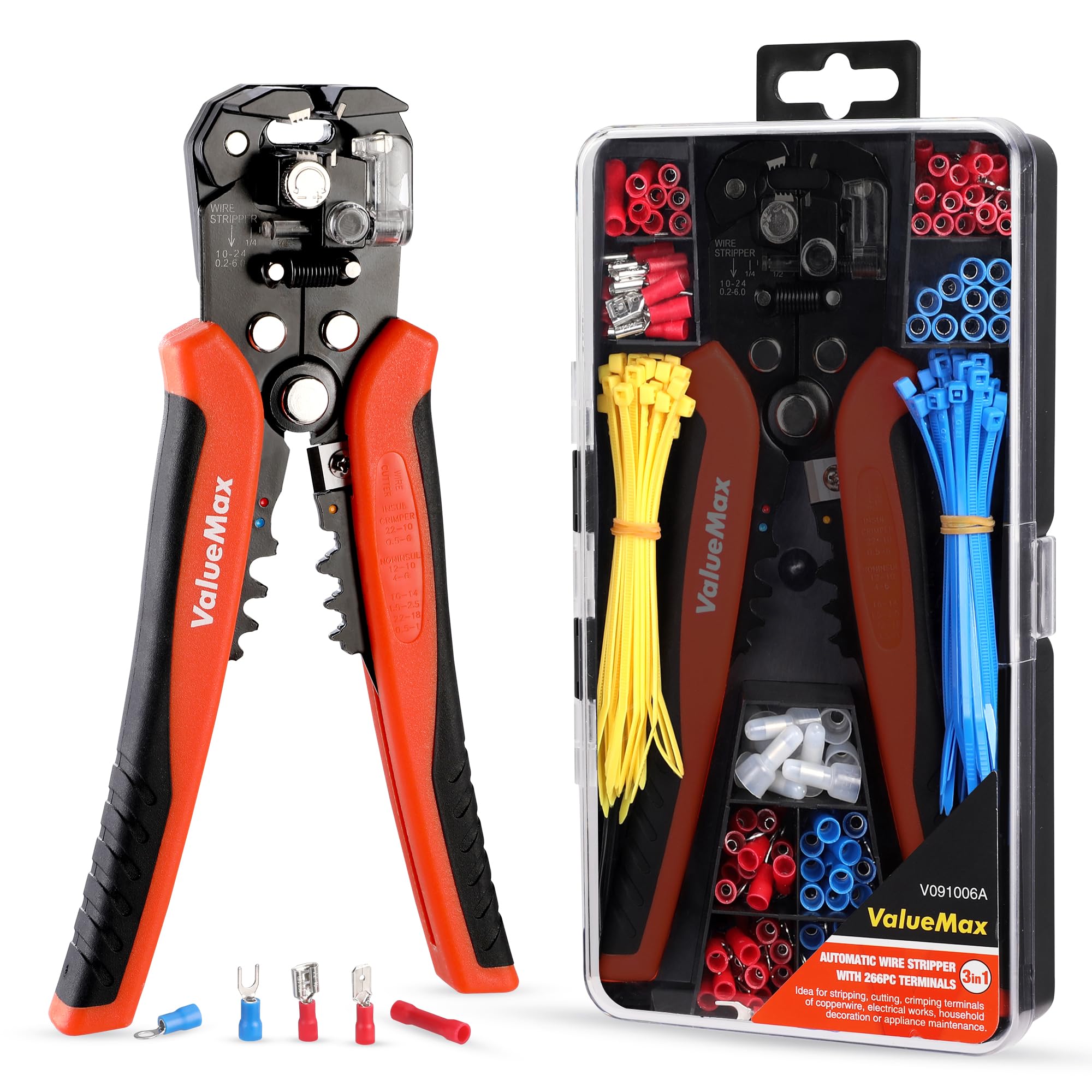 ValueMax Automatic Wire Stripper Crimper Set, 3-in-1 Stripper Cutter with 266PCS Terminals, Electrical Stripping Pliers AWG 24-10 (0.2-6.0 mm²) for Wire Stripping, Cutting, Crimping