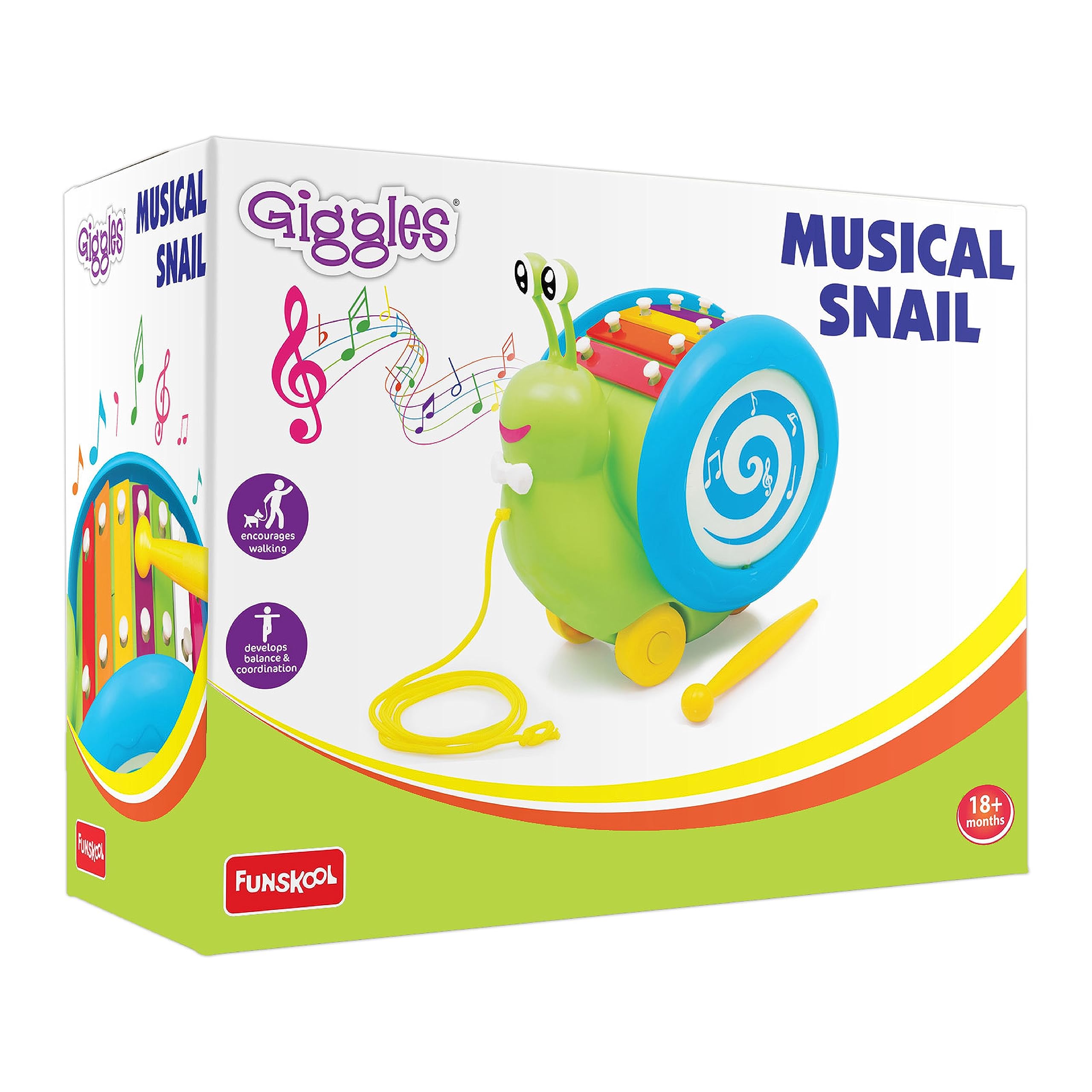 Giggles Funskool Giggles, 3 In 1 Pull Along Musical Snail, Xylophone, Drum And Walking, Pull Along, Preschool Toys, 12 Months & Above, Infant, Multicolour