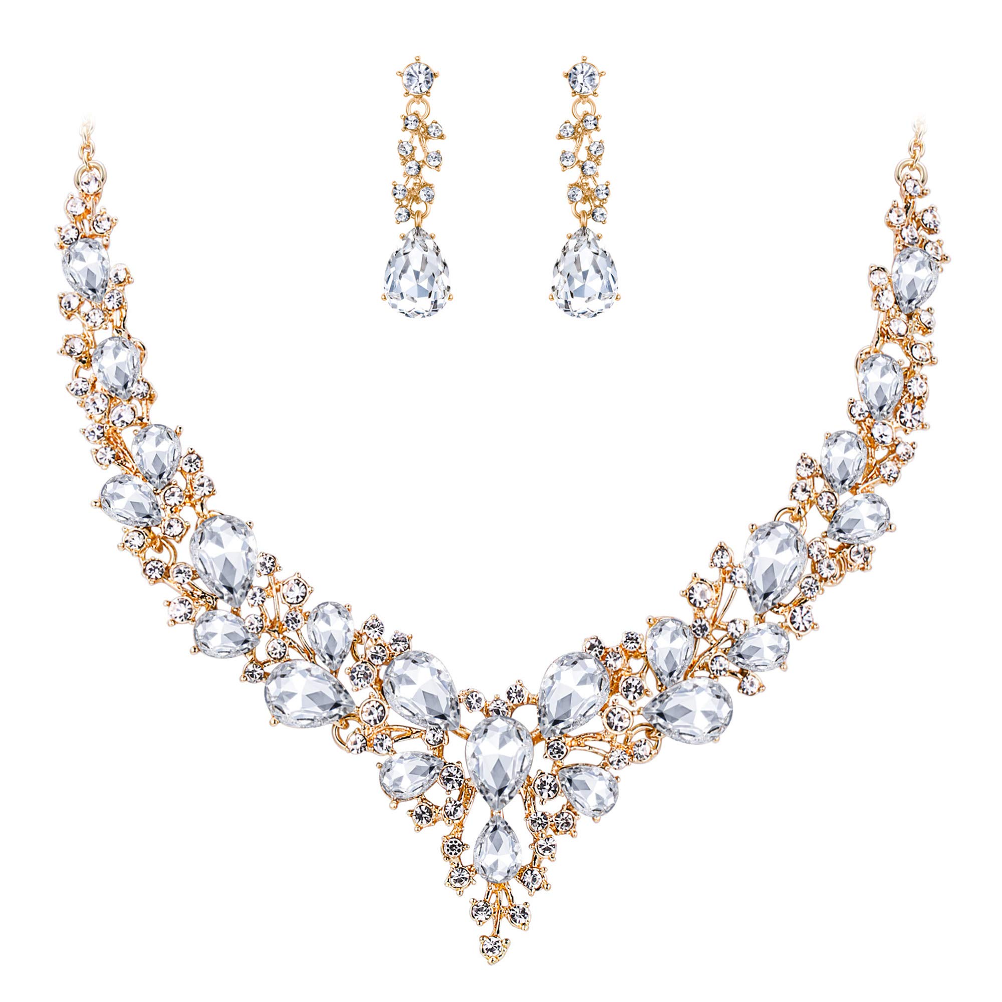 BriLoveWomen's Wedding Bridal Austrian Crystal Teardrop Cluster Statement Necklace Dangle Earrings Jewelry Set