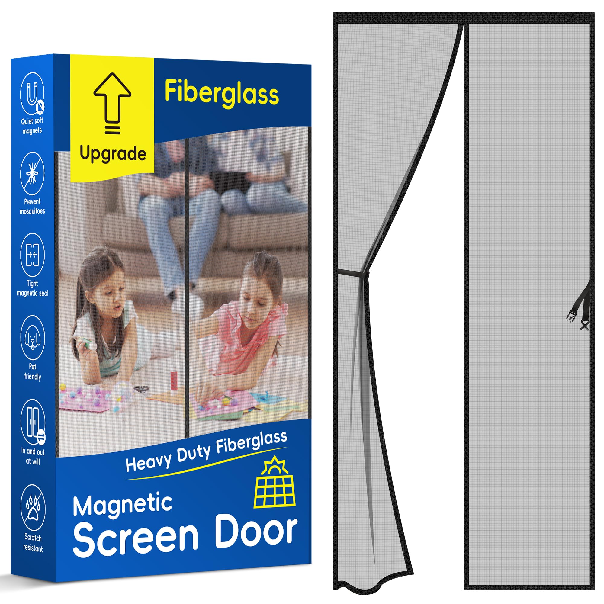 【Fiberglass】 Magnetic Screen Door Mesh - Fit Door Size:36 x 82 Inch, Screen Itself Size:38"x83"-Heavy Duty Fit Interior Door and Sliding, Door Screen Mesh Keeps Bugs Out, Pet and Kid Friendly