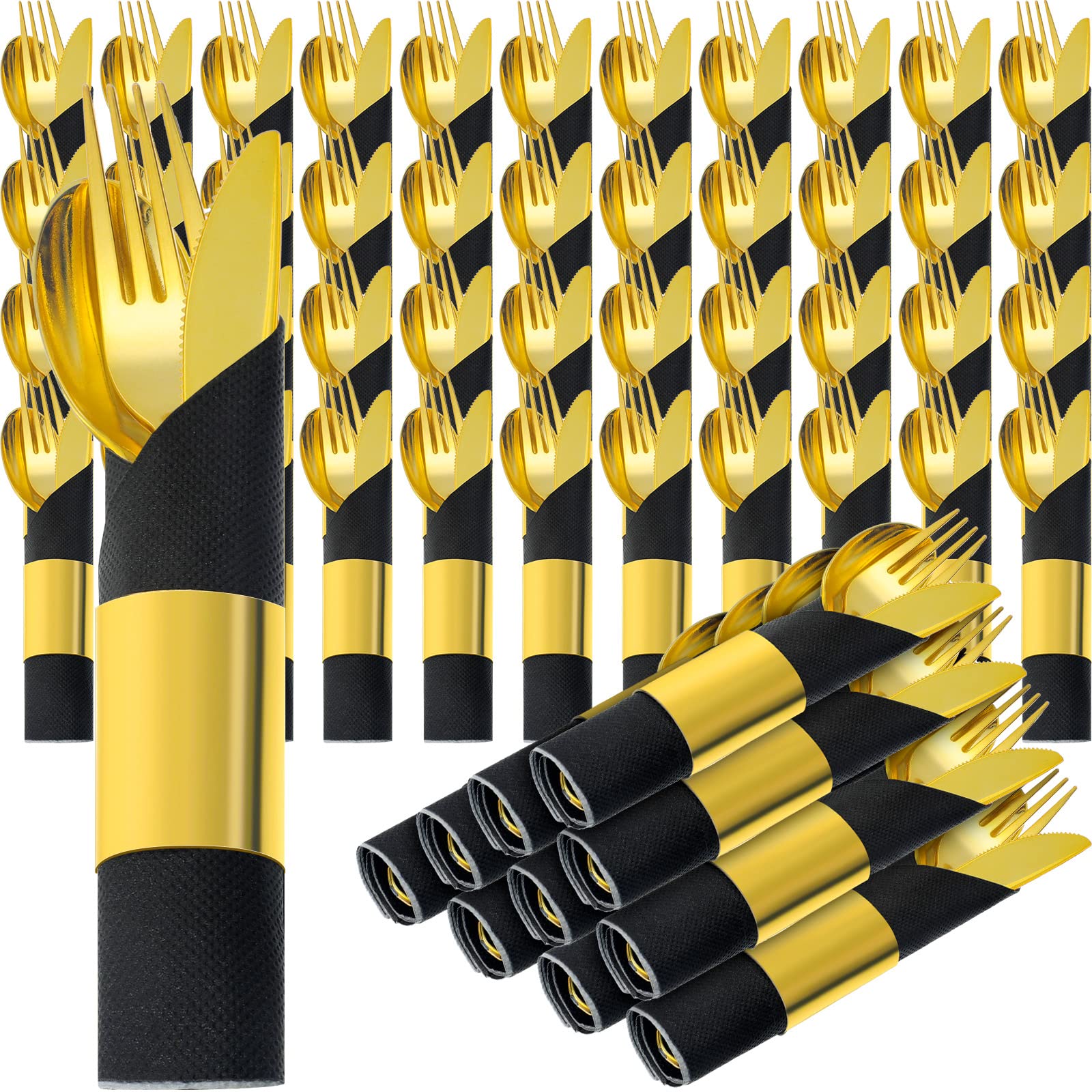 Sabary 50 Pack Pre Rolled Cutlery Set for Wedding Parties, Pre Rolled Disposable Silverware Set for 50 Guests Wrapped Disposable Gold Plastic Silverware with Forks Knives Spoons Napkins (Black)