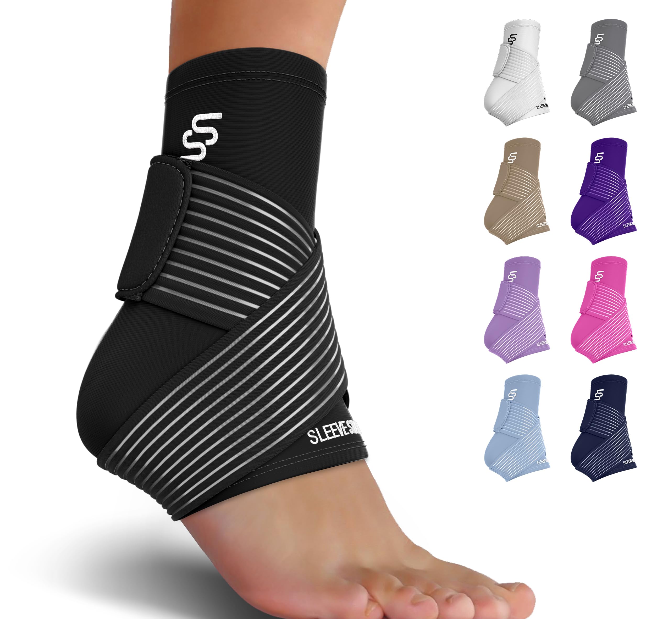 Sleeve Stars Ankle Brace for Sprained Ankle, Plantar Fasciitis Relief Ankle Support for Women, Ankle Compression Sleeve w/ Strap (Single/Black)