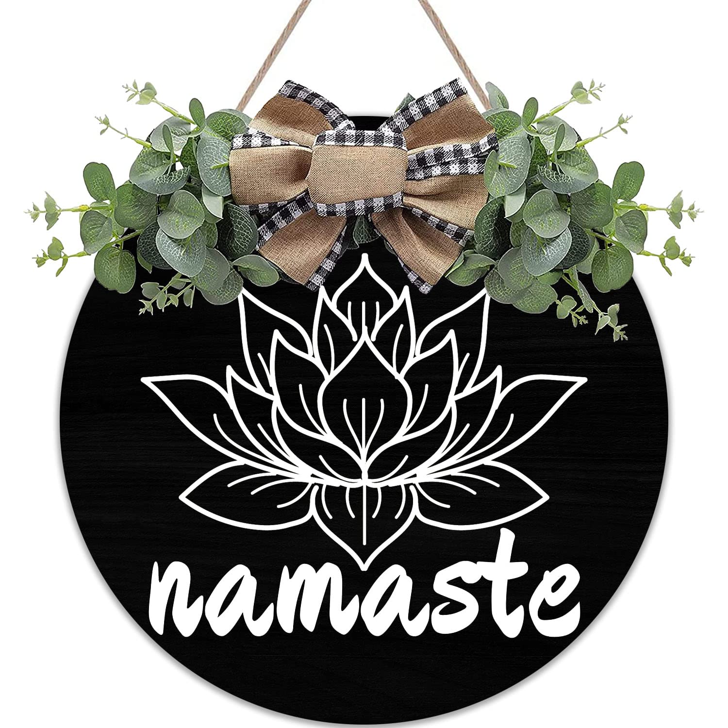 Namaste Yoga Art Wreaths Round Wood Hanging Sign with Ribbon Bow Wall Art Decor for Home Farmhouse Bar Pub Yard Front Door Decorations Gifts 12 x 12 Inch