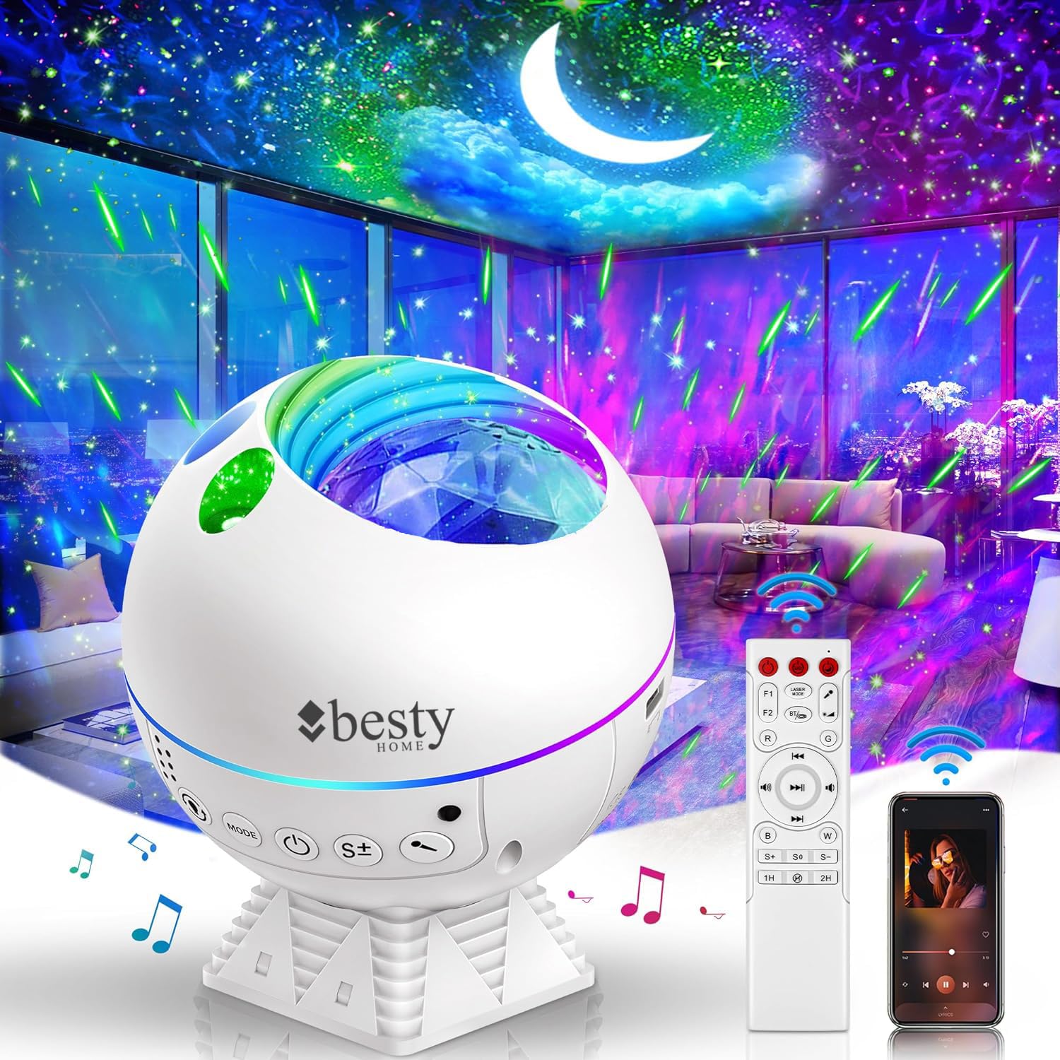 BESTY HOMEGalaxy Projector 360 Degree Adjustable with Music Player Timer Bluetooth, Kids Night Light Projector with Color Changing Lights, Skylight Nebula Projector for Adults Kids (White)