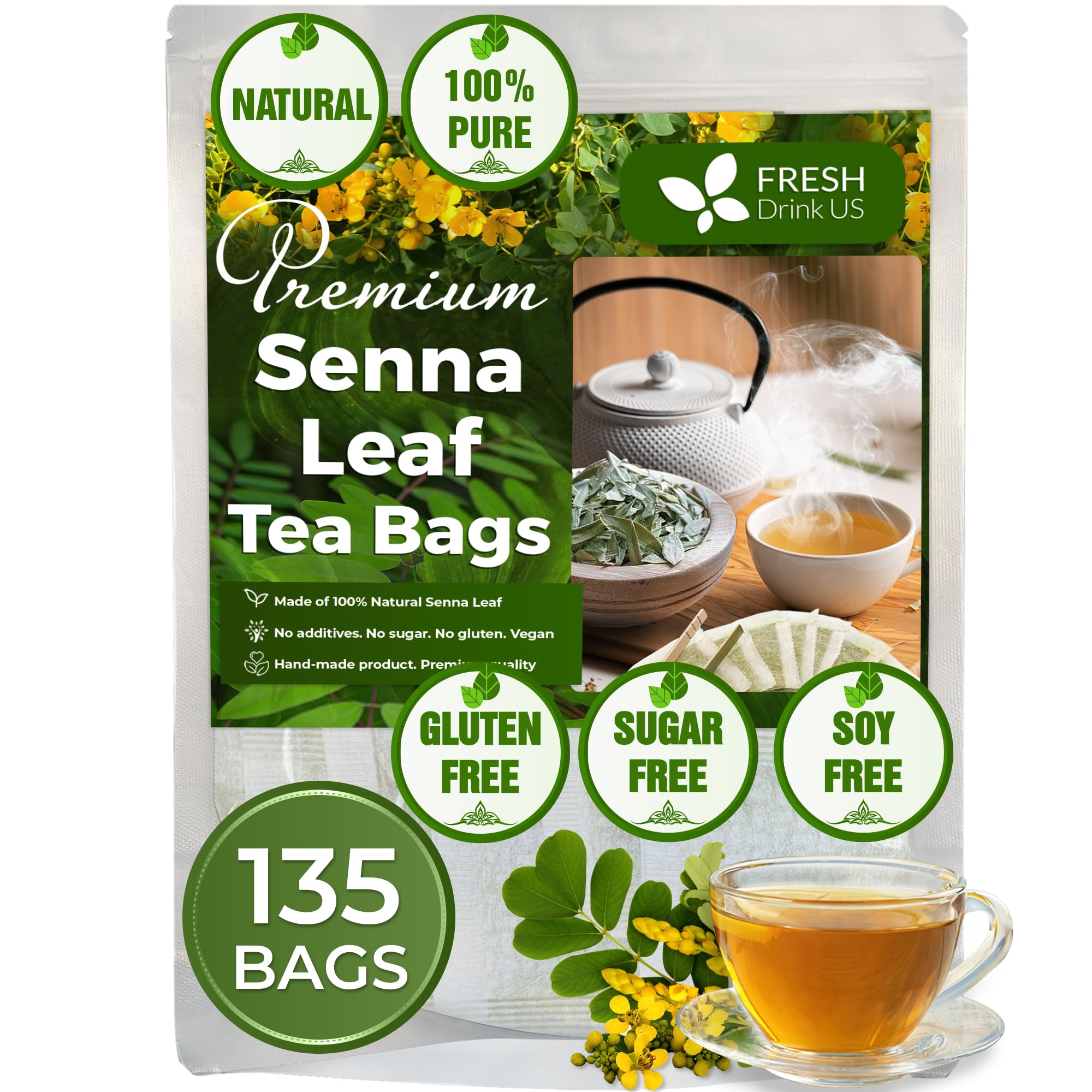 FreshDrinkUS, Premium 135 Senna Leaf Tea Bags, 100% Natural & Pure from Senna Leaves. Loose Leaf Senna Herbal Tea, Made with Natural Material Tea Bags. No Sugar, No Caffeine, No Gluten, Vegan.