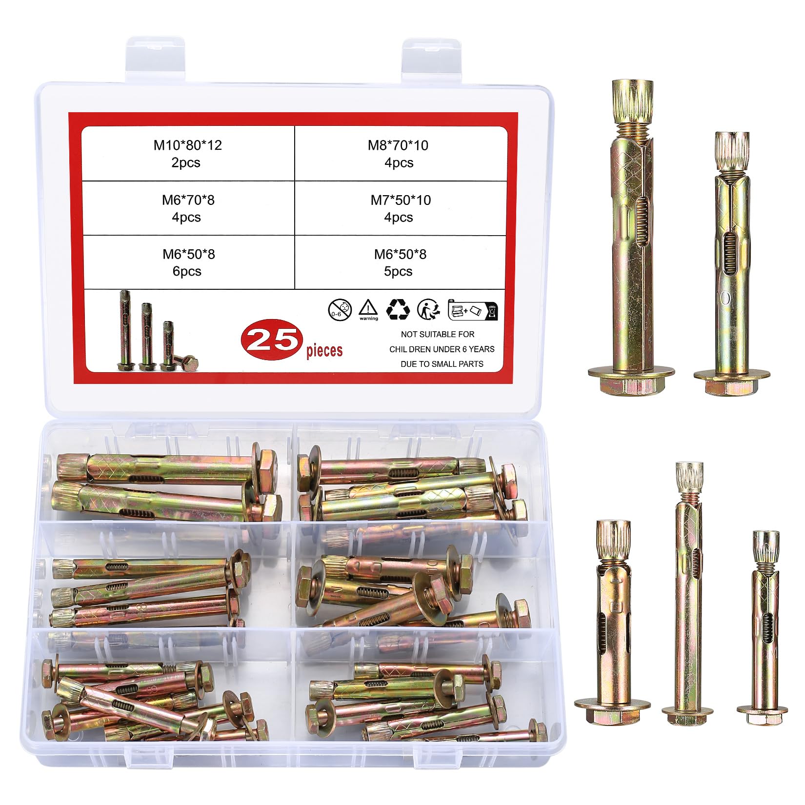 25 Pcs Expansion Bolts, Anchor Bolts Drywall Anchor Raw Plugs and Screws, M6 M7 M8 M10 Concrete Bolts Cavity Wall Fixings for Wall Brick Masonry Plasterboard Plugs Hollow Door Fixings Anchors Plugs