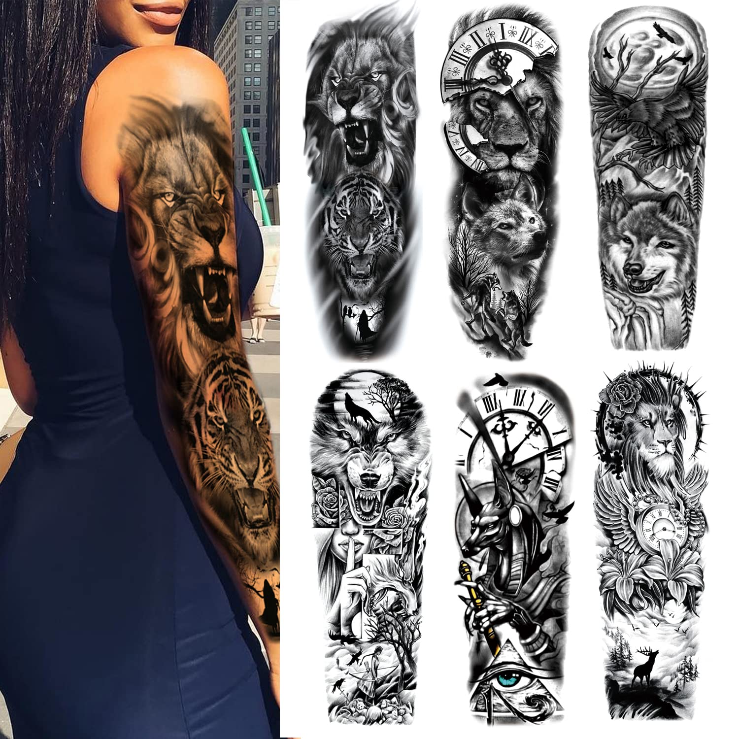 LEOARS(Set 3: Arm Temporary Tattoos (6 Sheets)) - 6 Sheets Extra Temporary Tattoo Black Tattoo Full Arm Temporary Tattoo Body Stickers for Man Women