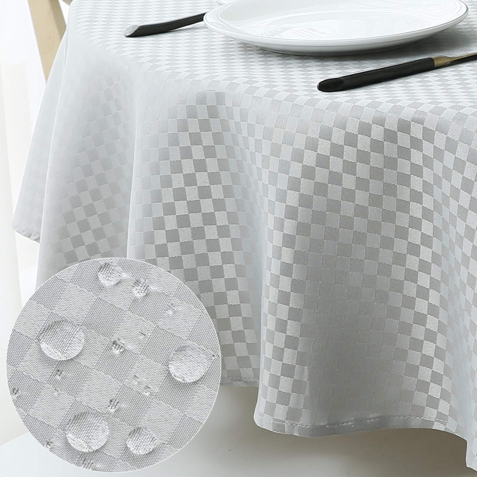 WELTRXE Round Tablecloth Water Resistant Polyester Plaid Table Cloth Dining Table Cover for Home Restaurant Party Buffet Picnic, Silver Grey, Diameter 120cm