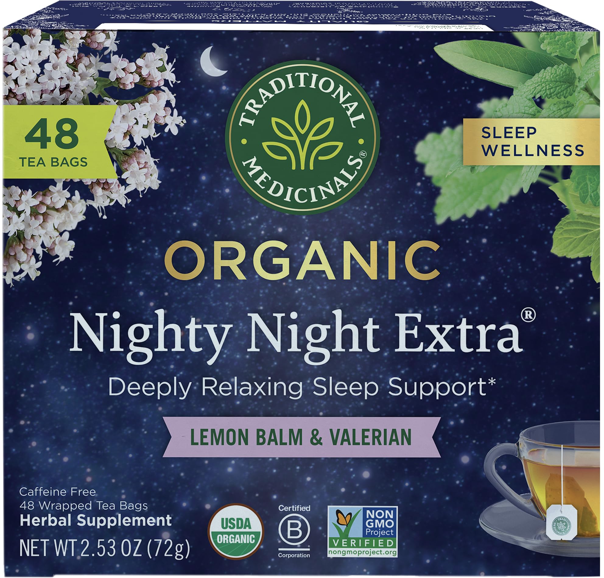 Traditional Medicinals Organic Nighty Night Extra Tea With Valerian Root for Relaxation, 48 Tea Bags