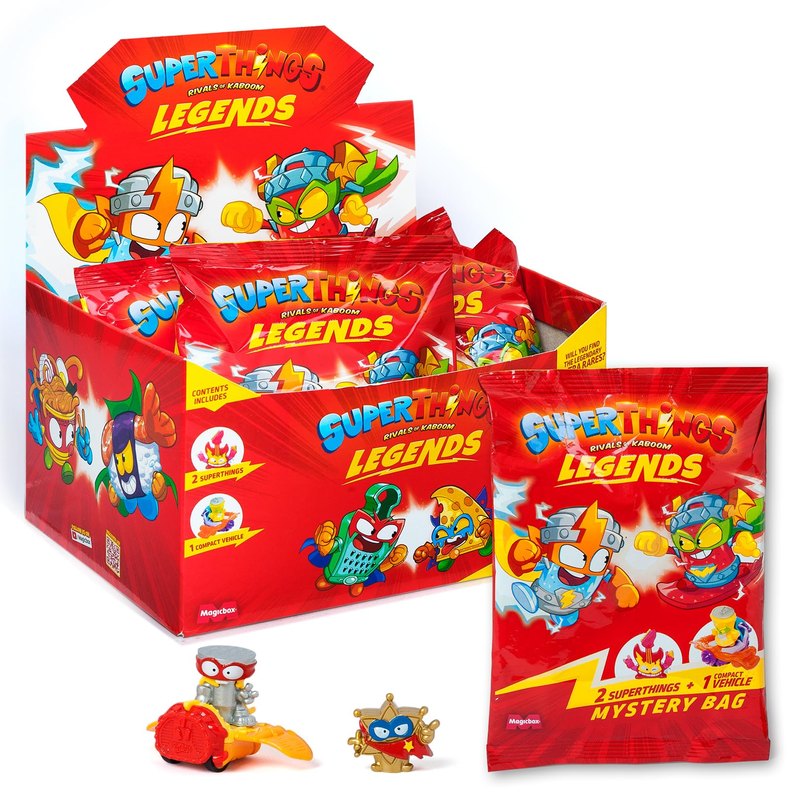 SUPERTHINGS Legends - Mystery Bag. Box of 18 surprise blind bags from the Legends series of collectible figures. Each includes 2 SuperThings and 1 vehicle. Contains products from series 1-9.