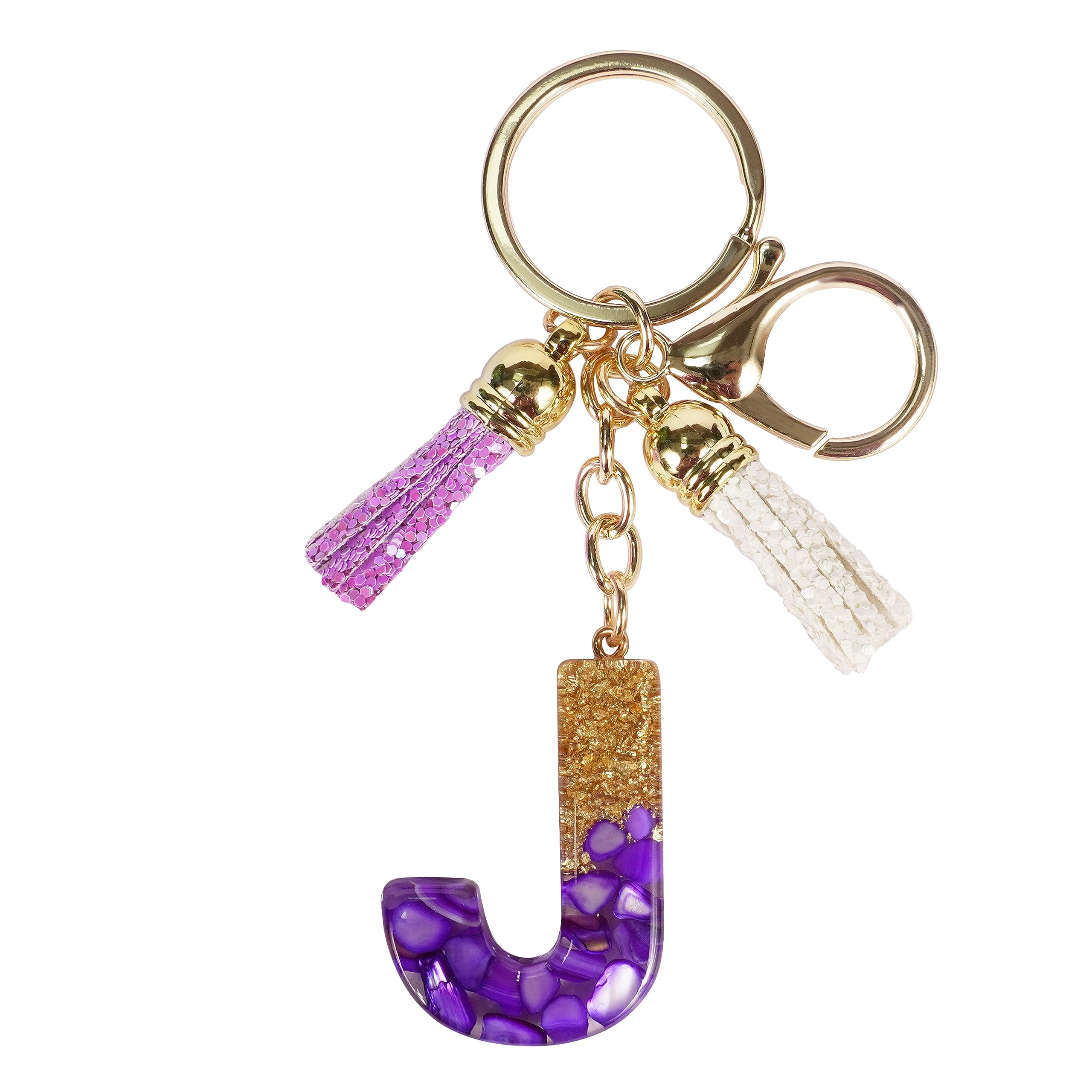 CRAFT STUDIO Resin Alphabet letter keychain for Boys & Girls | Resin Key chain for Purse, Handbag and Backpack | Handmade Resin Keychain with Tassel and - Purple & Gold