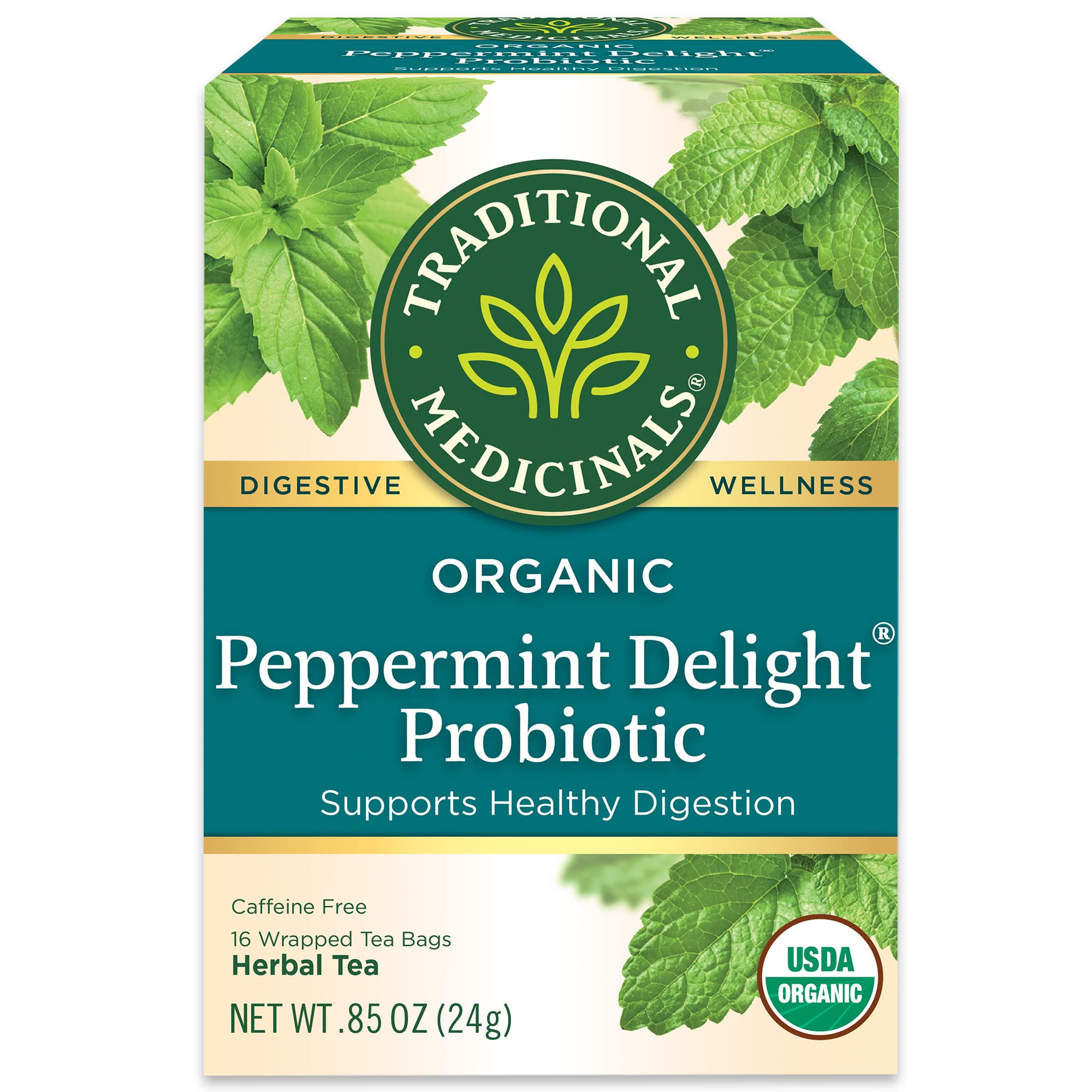 Traditional Medicinals Organic Peppermint Delight Probiotic Tea Bag | To Support Healthy Digestion | Caffeine Free | Herbal Supplement | 16 Tea Bag