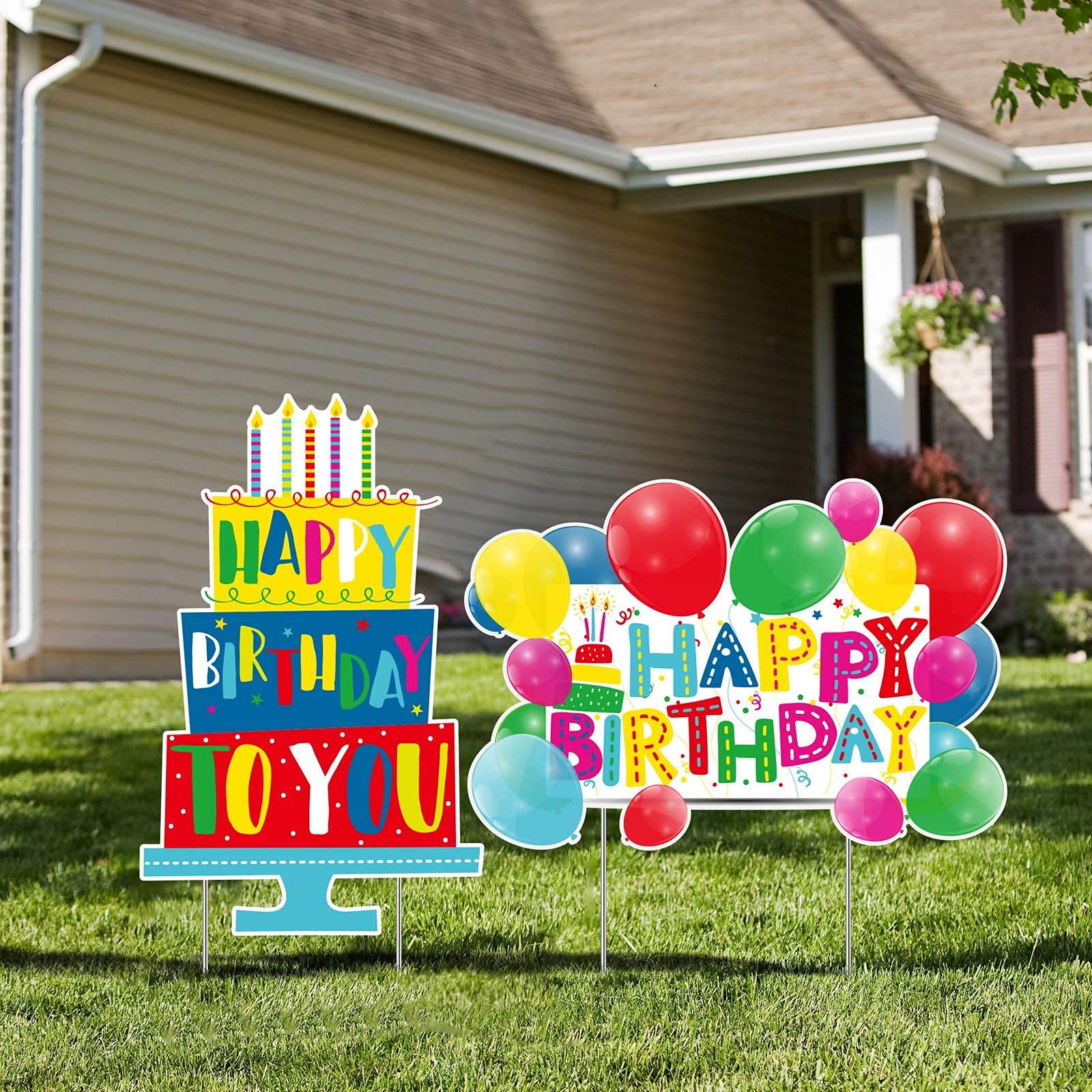 URATOT 2 Pack Birthday Yard Signs Outdoor Lawn Decorations Birthday Cake Yard Signs Birthday Balloons Yard Signs with Stakes for Home Party Decorations