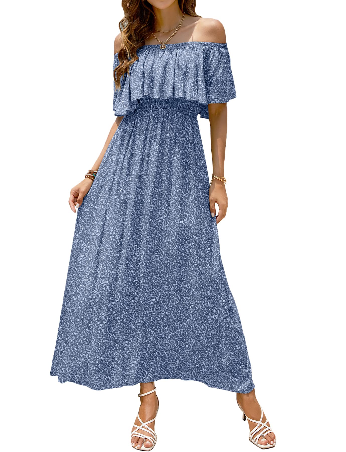 BluetimeWomens Maxi Dress Off Shoulder Floral Print Boho Beach Long Summer Dresses