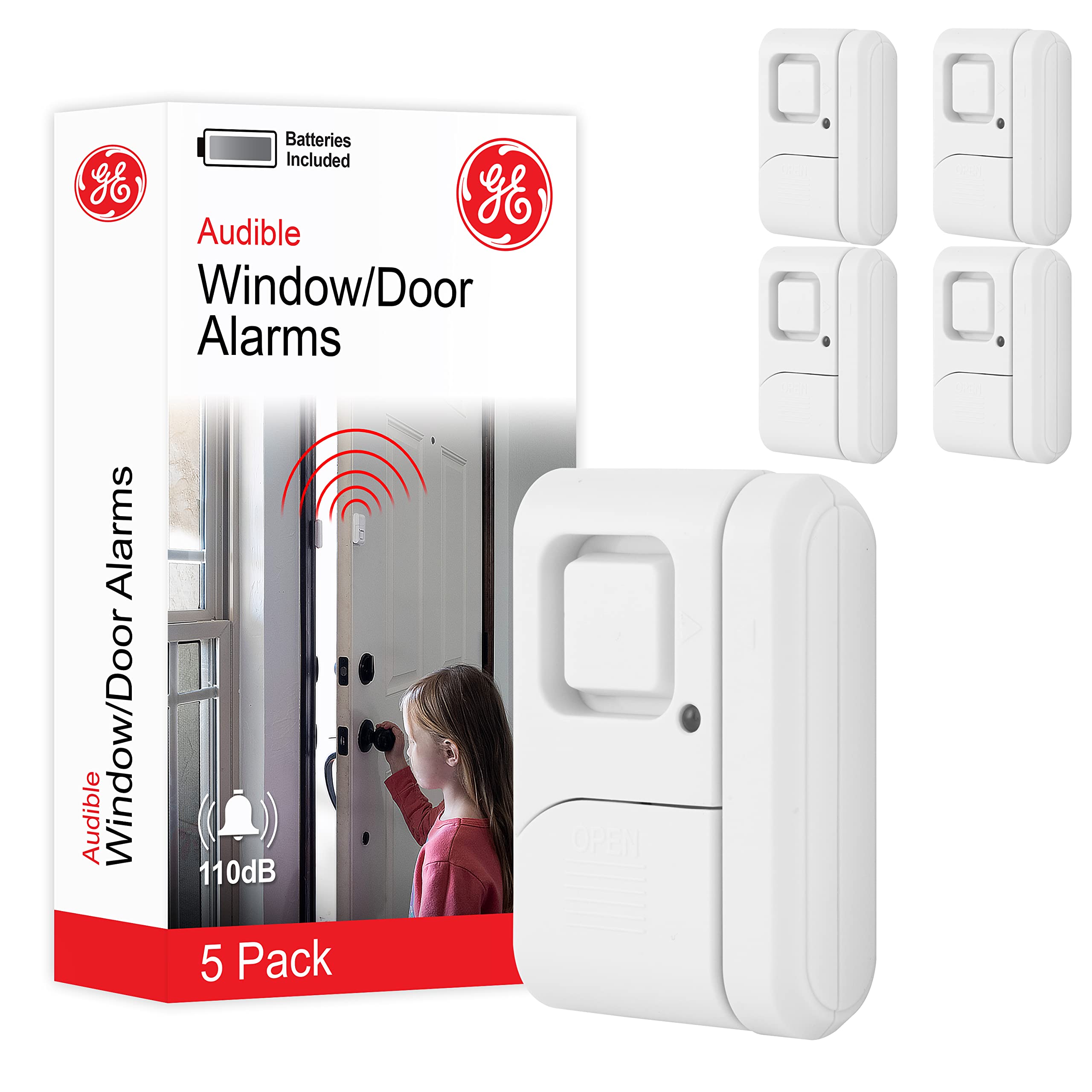 GEPersonal Security, Window and Door Alarm, 5 Pack, DIY Protection, Burglar Alert, Wireless Chime/Alarm, Easy Installation, Ideal for Home, Garage, Apartment and More, 45987,White