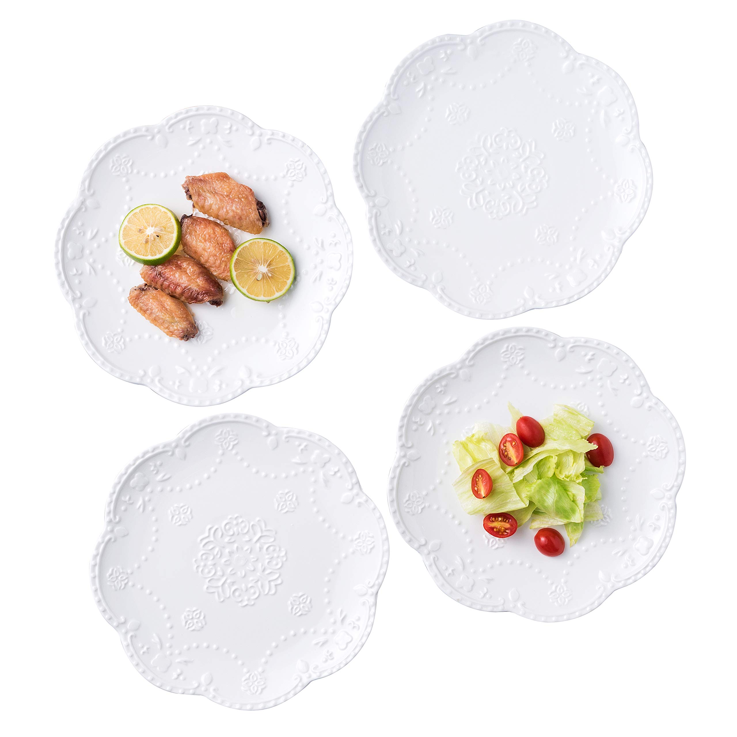 Jusalpha Embossed Lace Porcelain Plate-Dinner Plate Set, Pasta/Salad/Dessert Plate， Tableware Set for Restaurant Family Party Kitchen Use -4 Pieces, FD-PL15 (10 Inche, White)