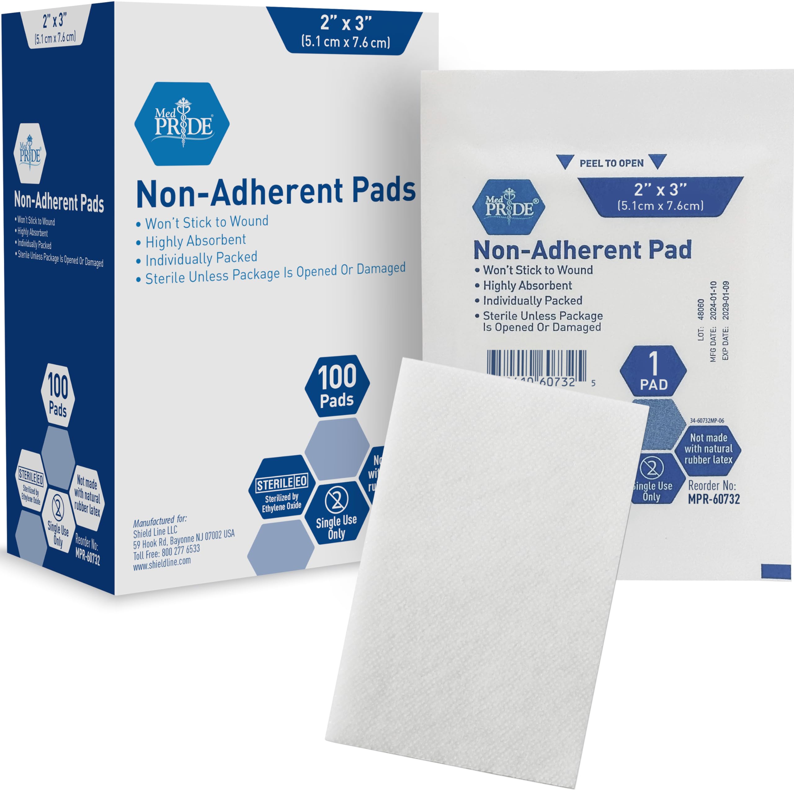 MED PRIDE Sterile Non-Adherent Pads| 100-Pack, 2"x 3"|Non-Adhesive Wound Dressing| Highly Absorbent & Non-Stick, Painless Removal-Switch| Individually Wrapped for Extra Protection