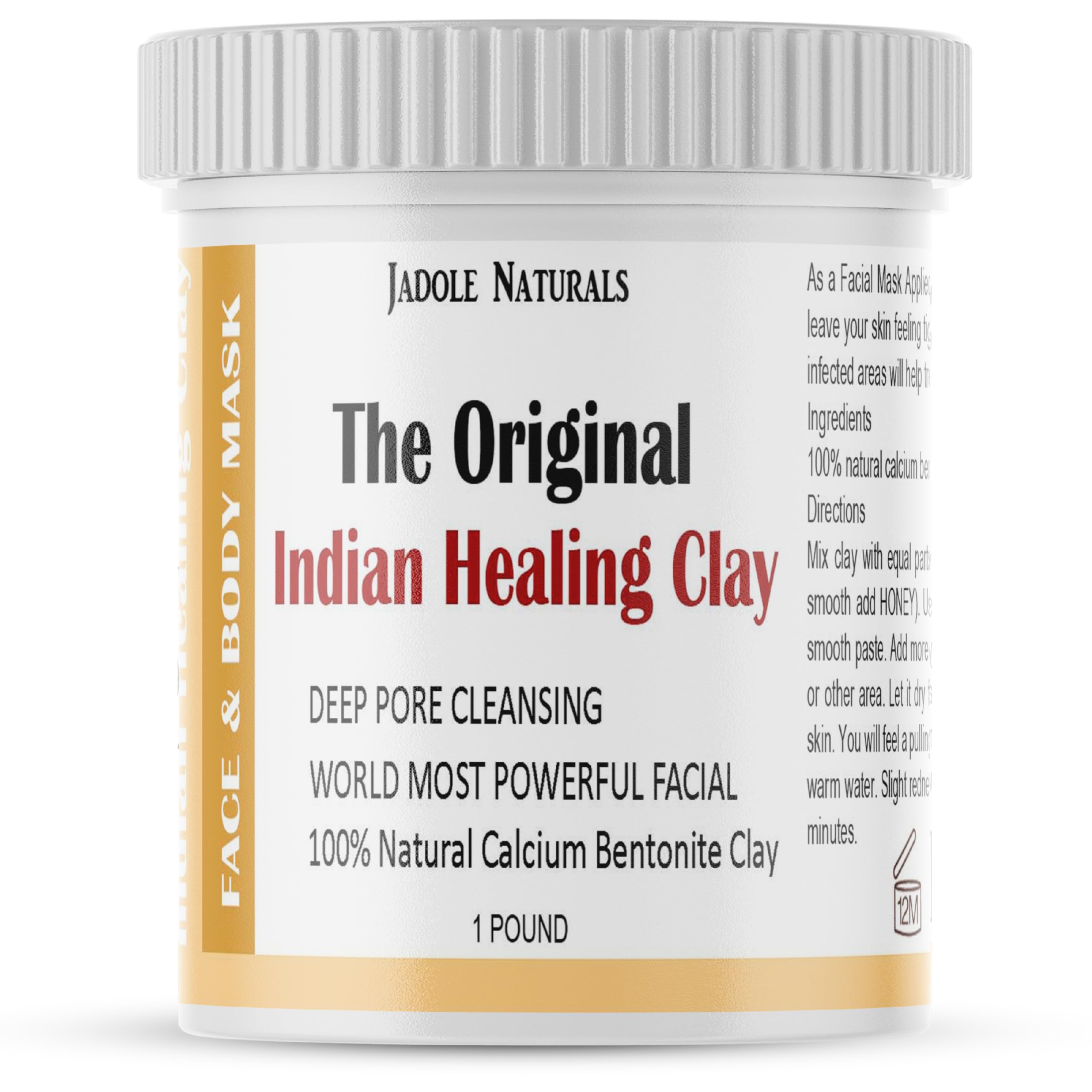 Jadole Naturals Indian Healing Clay | Deep Pore Cleansing, Removes Toxins & Impurities, Exfoliate, Rejuvenate, Revitalize, Detox & Tone Skin, Balance Skin Complexion, Face, Body & Hair Mask |