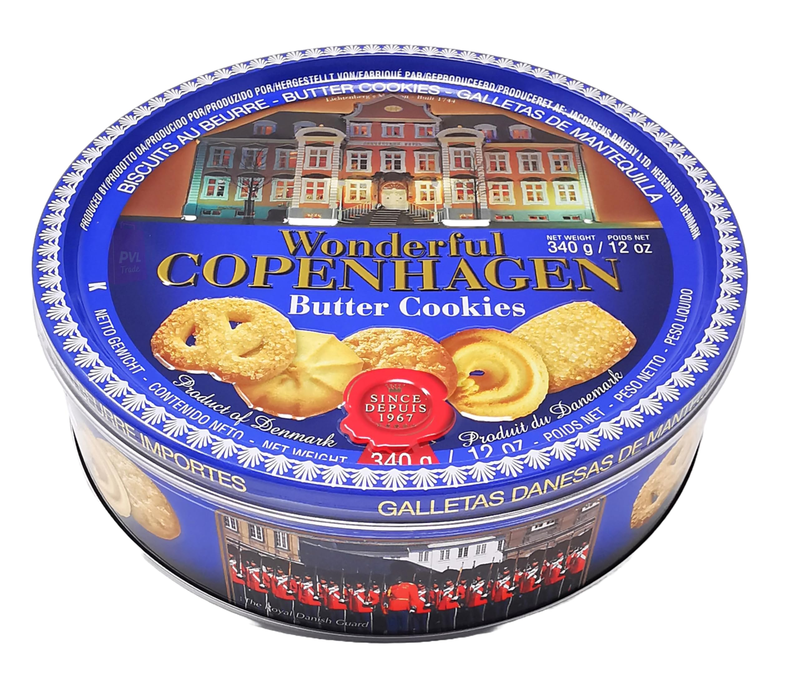 Danish Butter Cookies 340g (12 Ounce) with 32% Butter Content - in Wonderful Copenhagen Tin with Embossed Lid by Jacobsens of Denmark - Traditional Biscuit Tin Gift