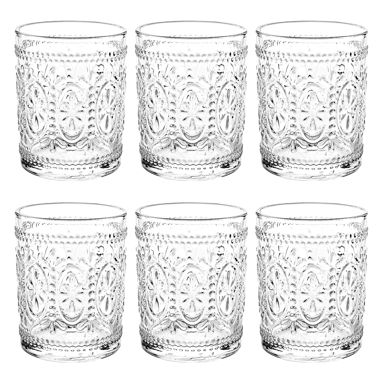 Bekith6 Pack Drinking Glasses, 9.5 oz Romantic Water Glasses Tumblers, Heavy Duty Vintage Glassware Set for Whisky, Juice, Beverages, Beer, Cocktail