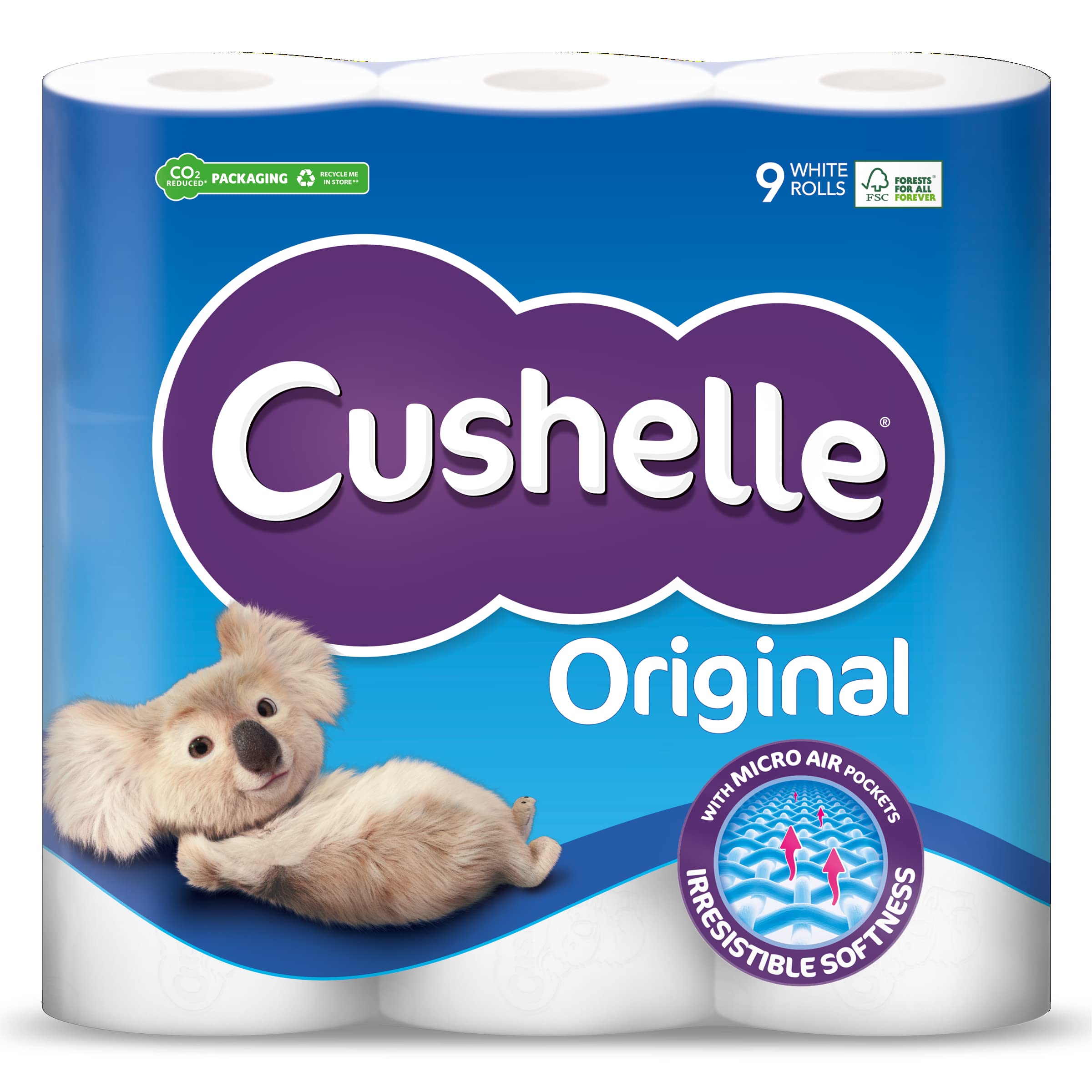 Cushelle Original Toilet Paper Bulk Buy, White 2 ply Toilet Rolls, 9 Count (Pack of 1)