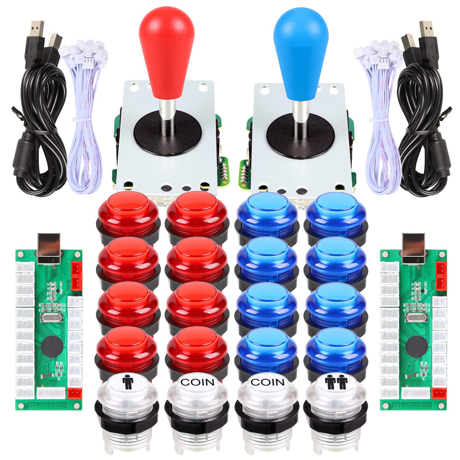 EG STARTS2 Player LED Arcade DIY Parts 2X USB Encoder + 2X Ellipse Oval Style Joystick + 20x LED Arcade Buttons for PC MAME Raspberry Pi Windows System (Red & Blue Kit)