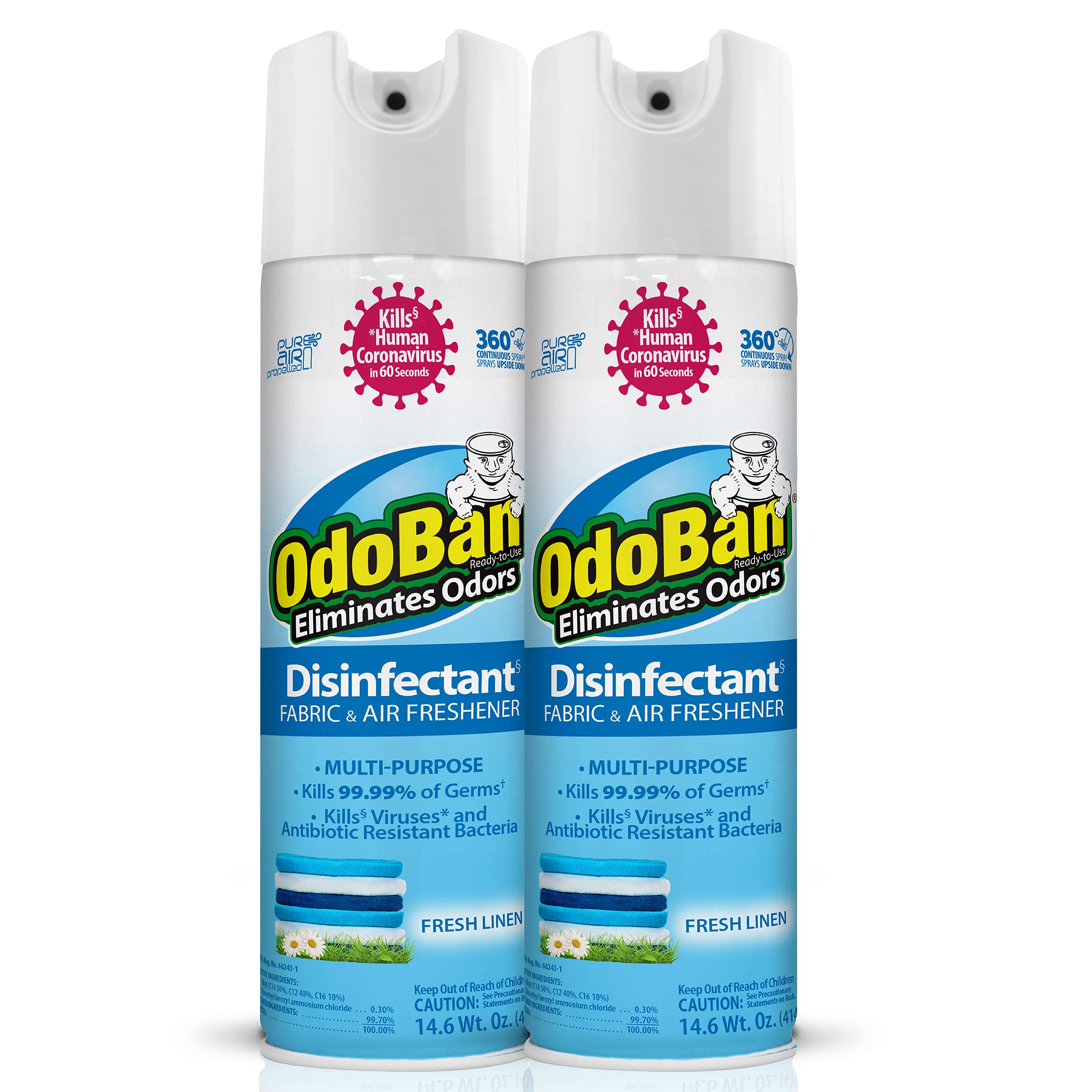 OdoBan Ready-to-Use 360-Degree Continuous Spray 2-Pack, Fresh Linen Scent - Odor Eliminator, Disinfectant, Fabric & Air Freshener