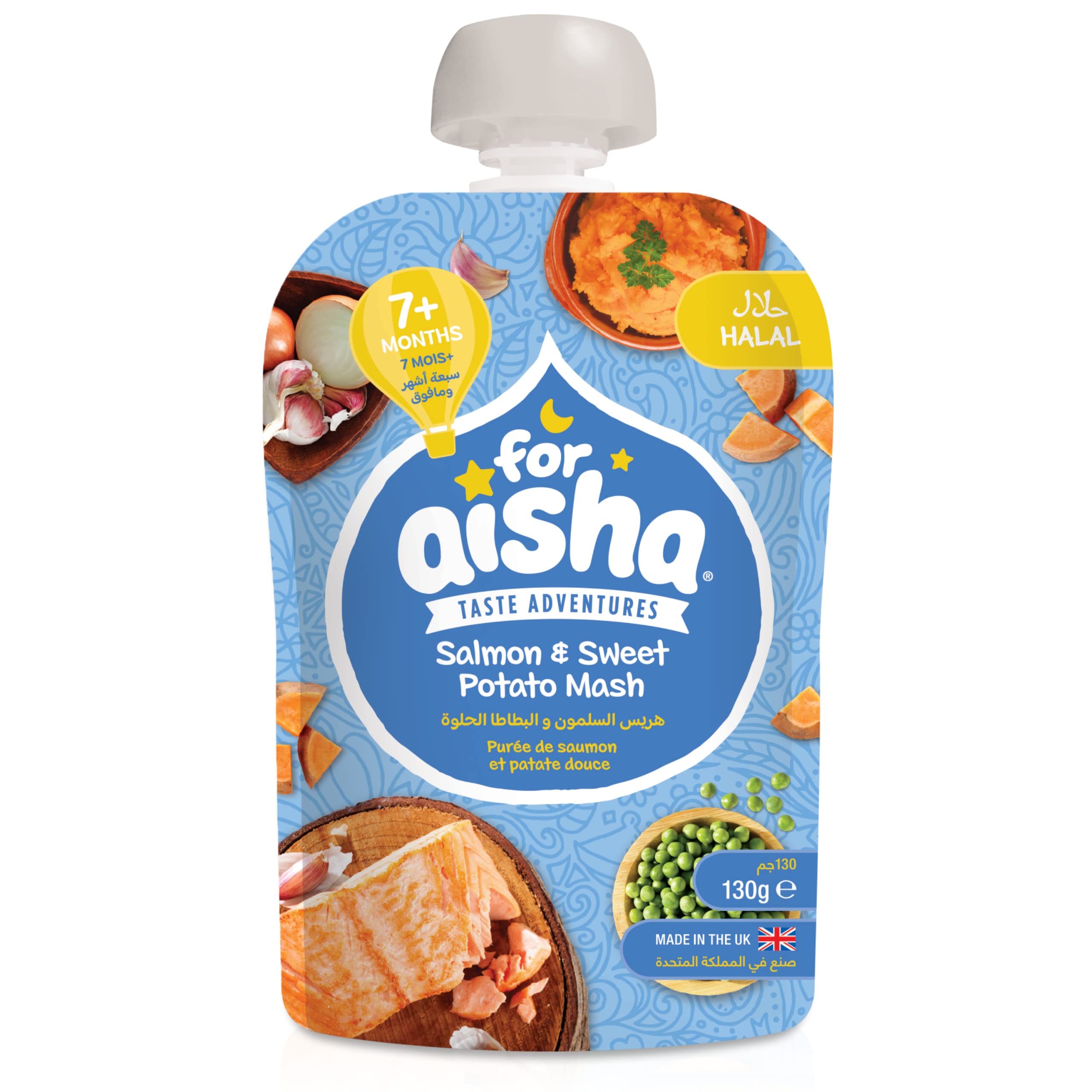 For Aisha Baby Food, Salmon & Sweet Potato Mash, Dairy Free, Natural Baby Food 7 Months +, Pack of 6 Resealable Pouches