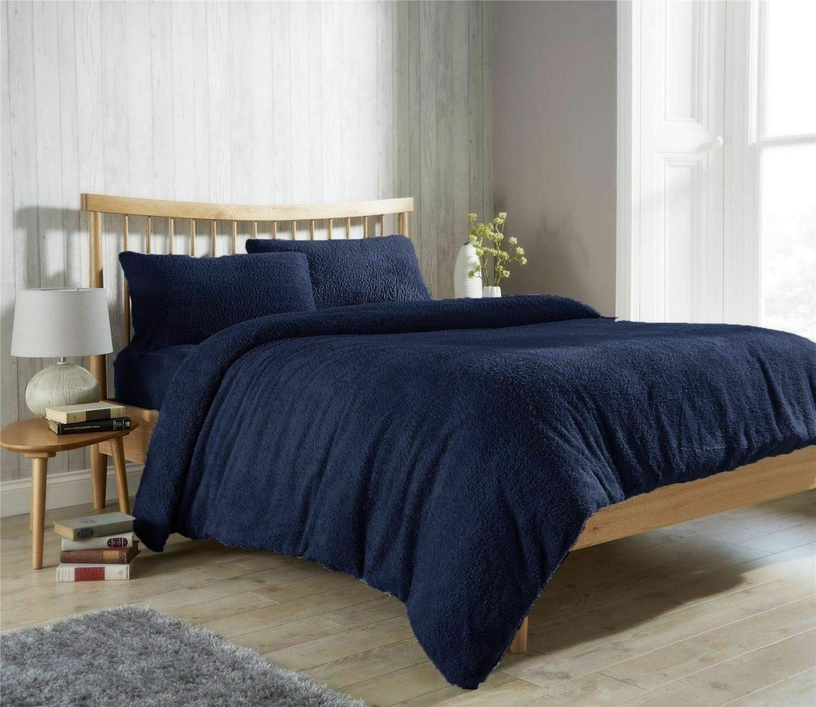 Rayyan Linen Teddy Fleece Duvet Cover Bedding Set Thermal Warm Cosy Soft Fur Quilt Cover Bedding Set with Pillowcase(s) (Navy Blue, DOUBLE)