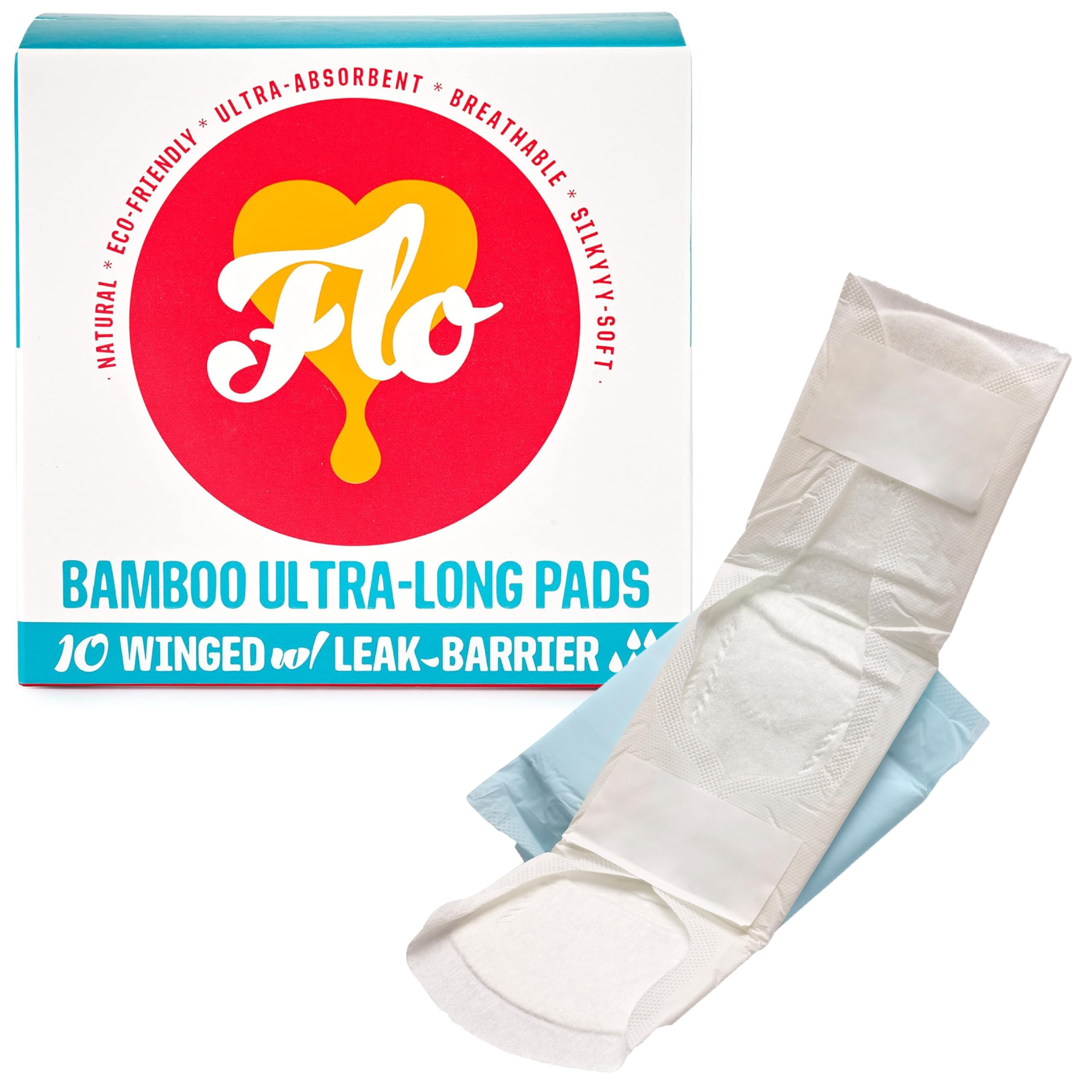 FLOOrganic Bamboo Sanitary Pads for Women - with Wings, Biodegradable and Ultra Thin Sanitary Towels - 10 Ultra Long Pads